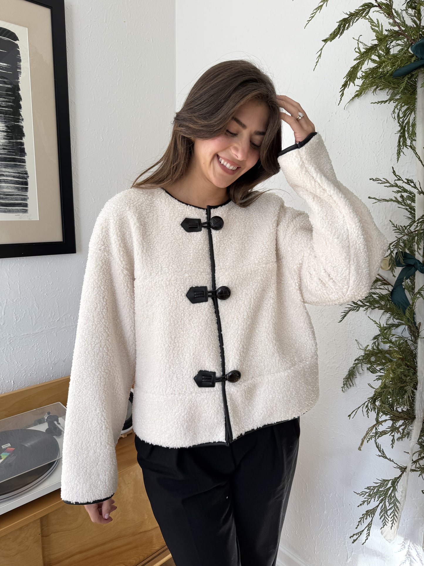 Holly Ivory Sherpa Button Loop Coat Jacket (L)