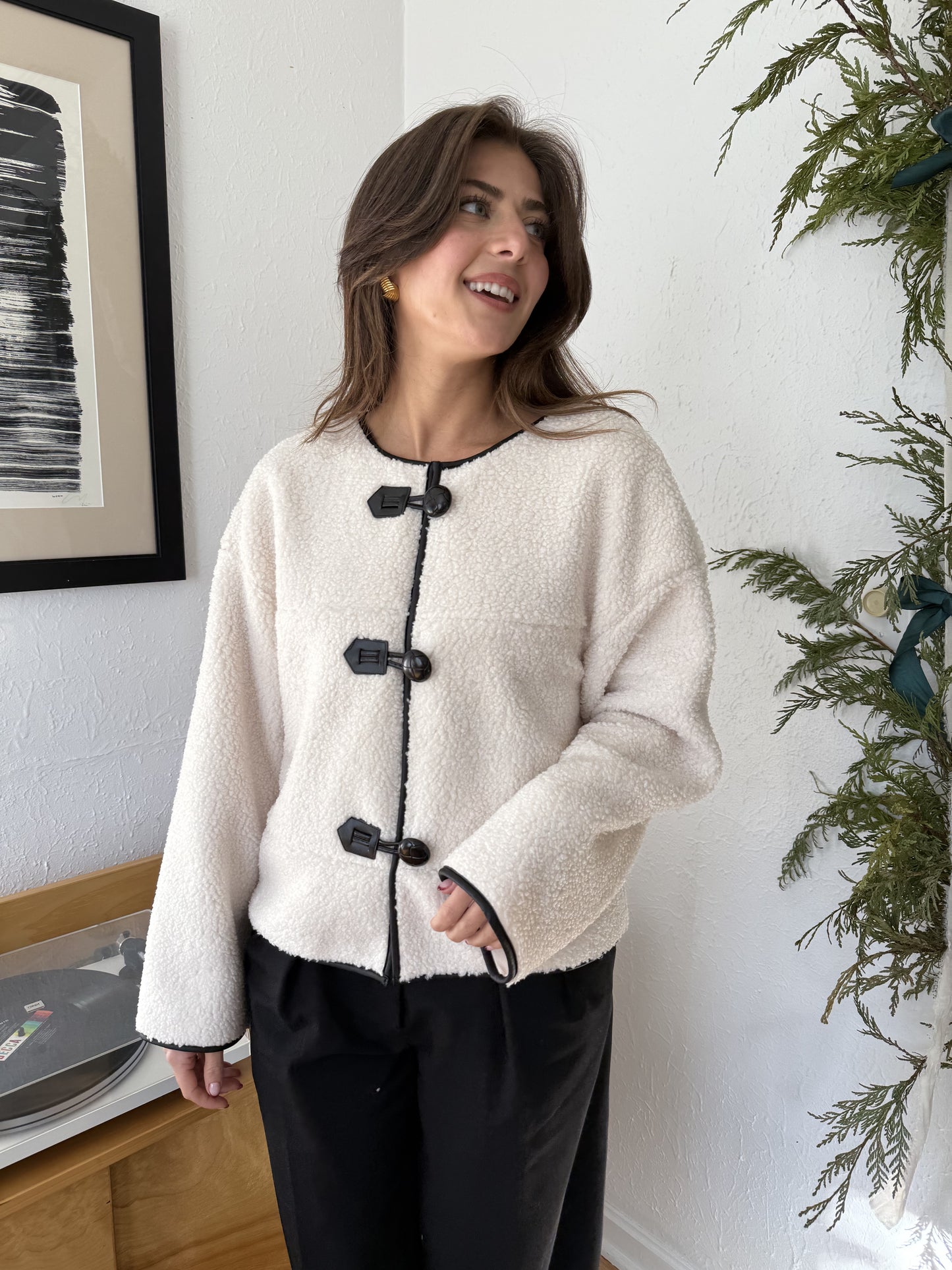 Holly Ivory Sherpa Button Loop Coat Jacket (L)