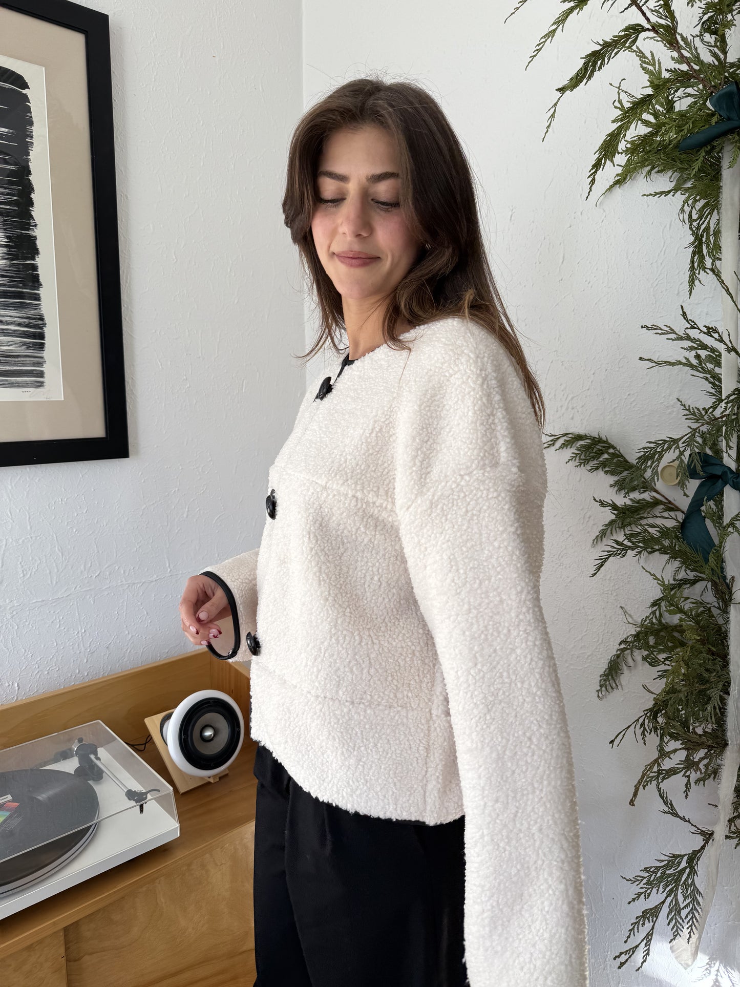 Holly Ivory Sherpa Button Loop Coat Jacket (L)