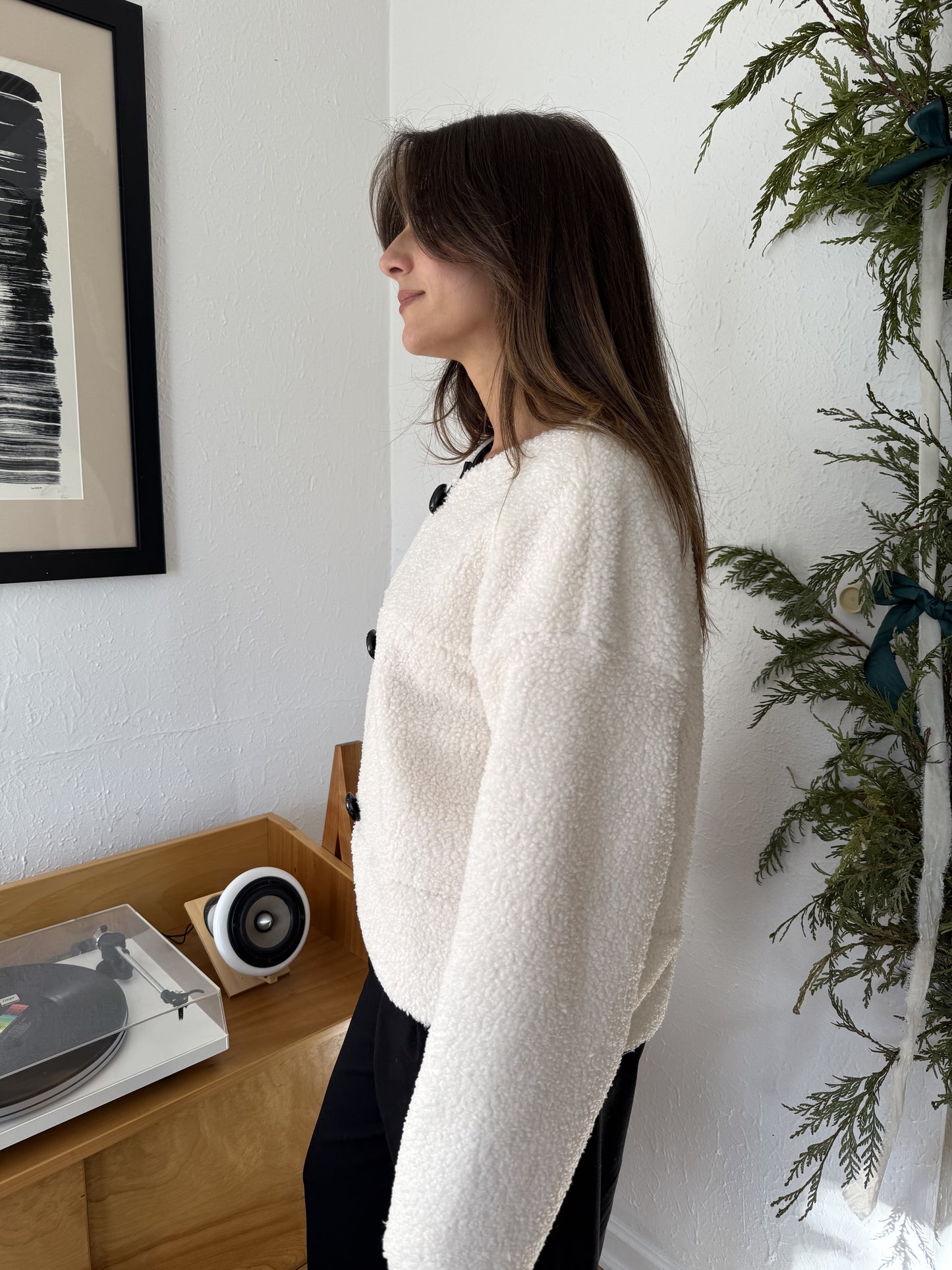 Holly Ivory Sherpa Button Loop Coat Jacket (L)