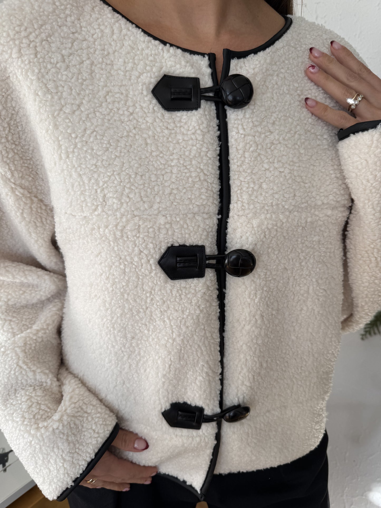 Holly Ivory Sherpa Button Loop Coat Jacket (L)