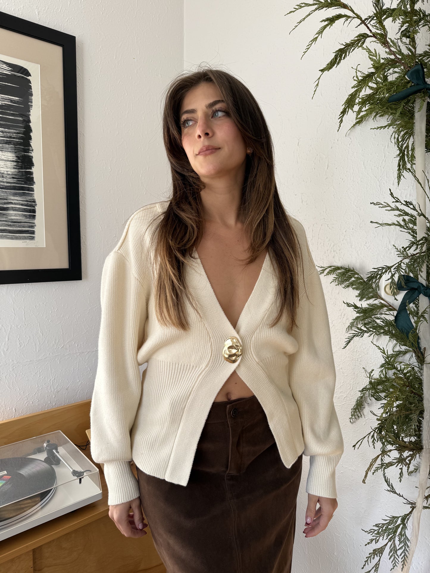 Parker Knit Cinch Gold Button Cardigan (Cream)