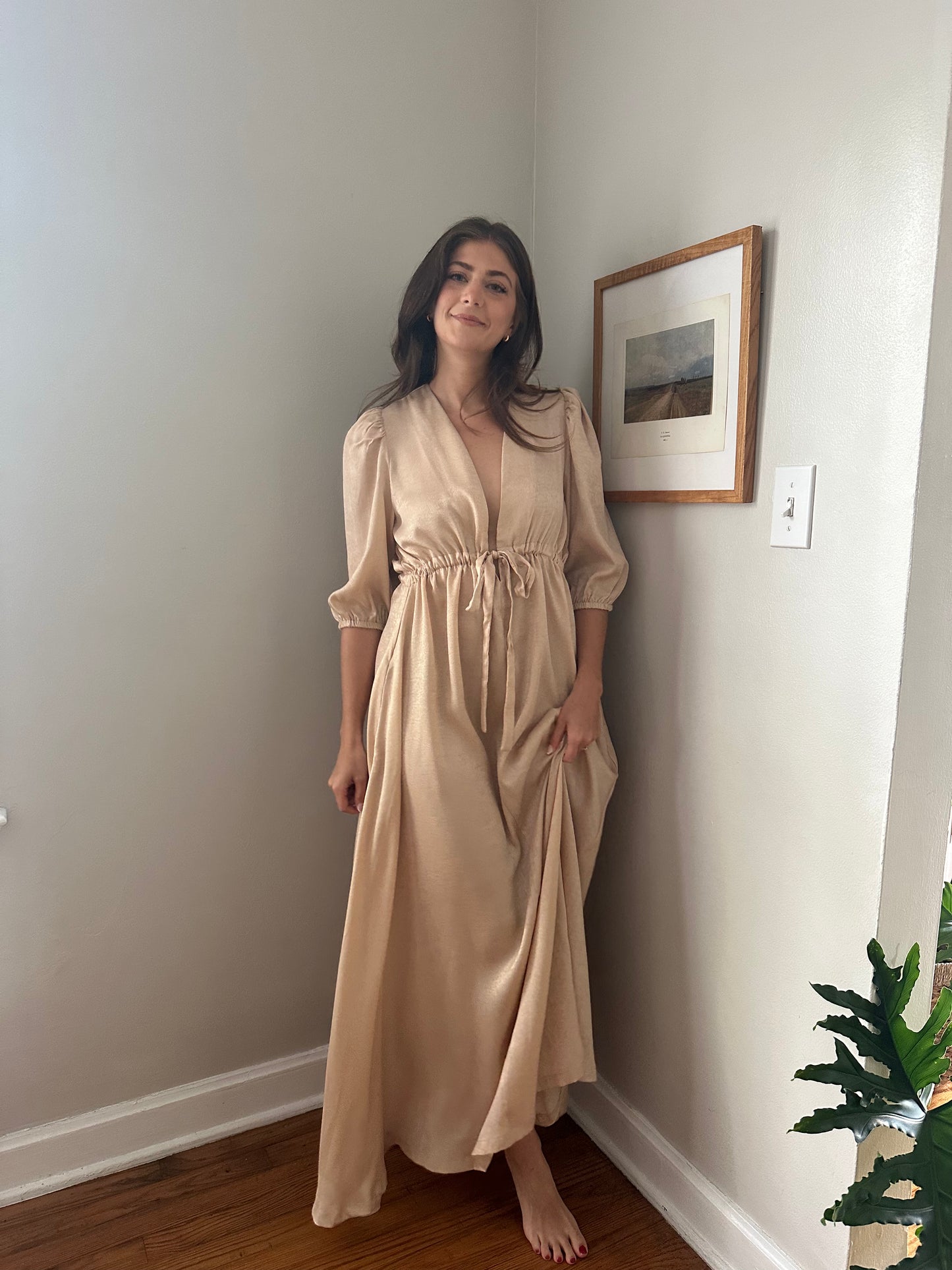 Molly Bracken Luna Beige Shimmer Puff Sleeve Maxi Dress