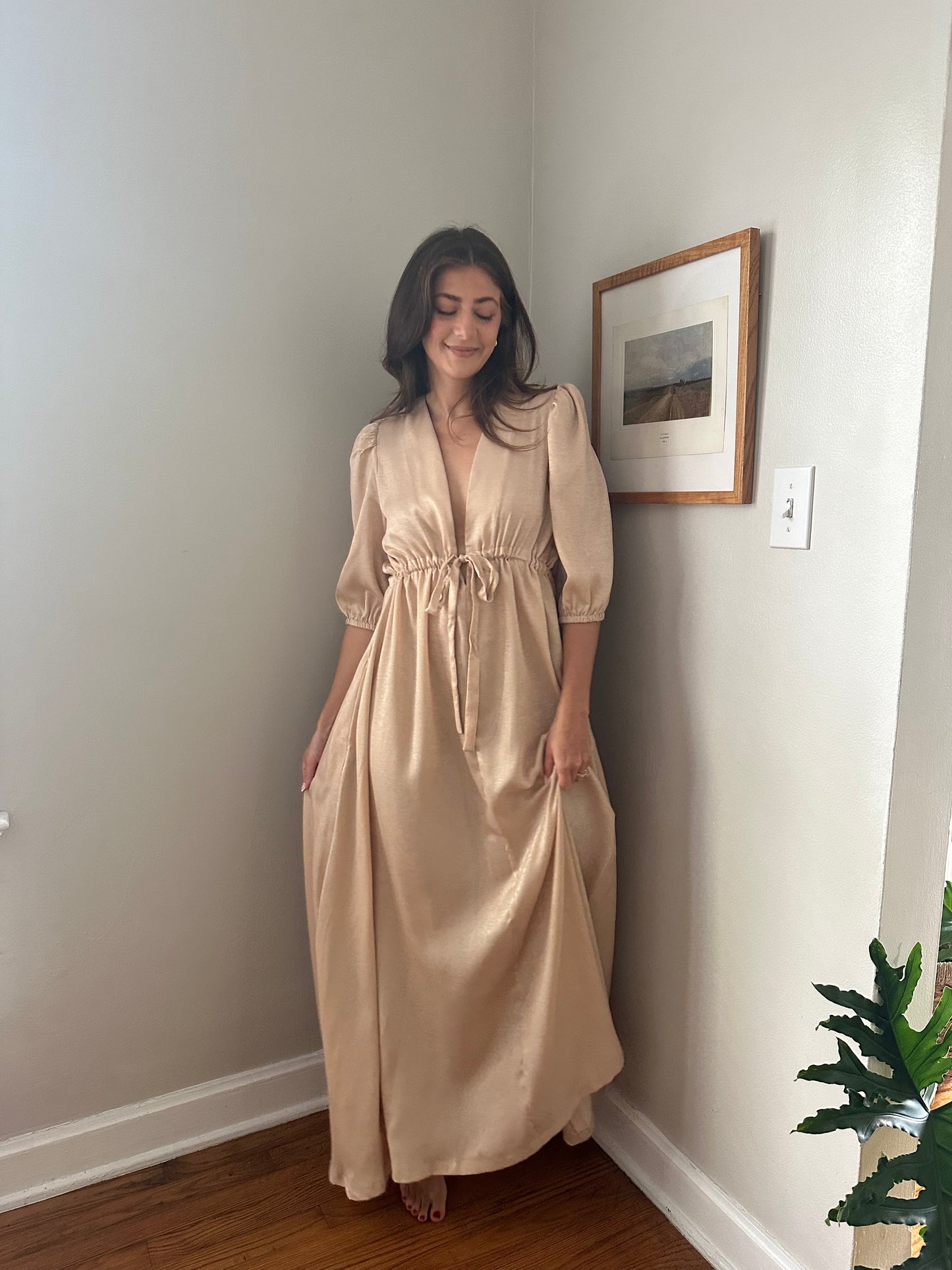 Molly Bracken Luna Beige Shimmer Puff Sleeve Maxi Dress