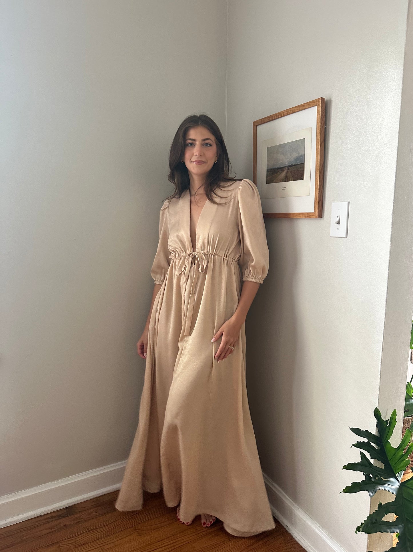 Molly Bracken Luna Beige Shimmer Puff Sleeve Maxi Dress