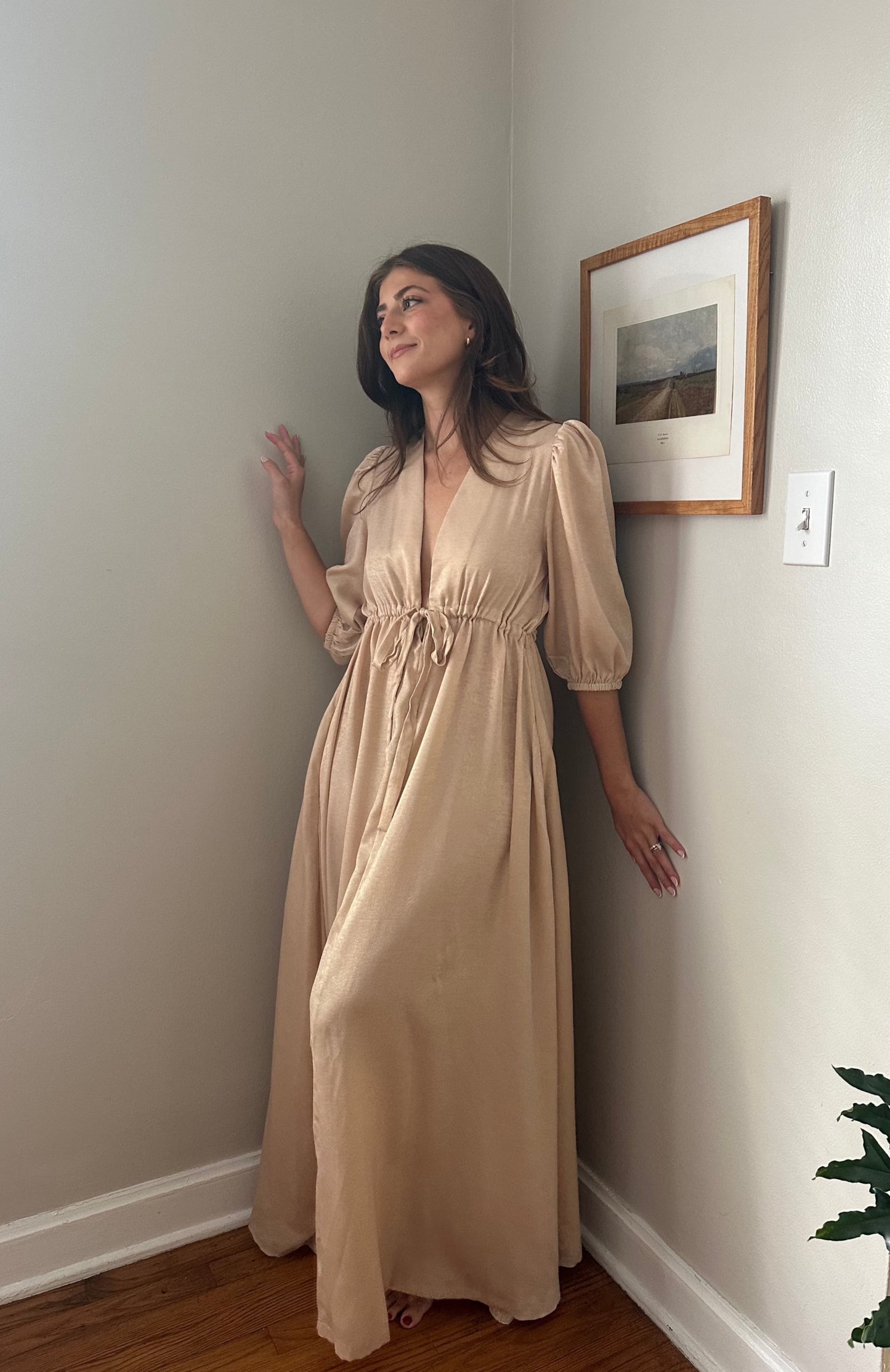 Molly Bracken Luna Beige Shimmer Puff Sleeve Maxi Dress