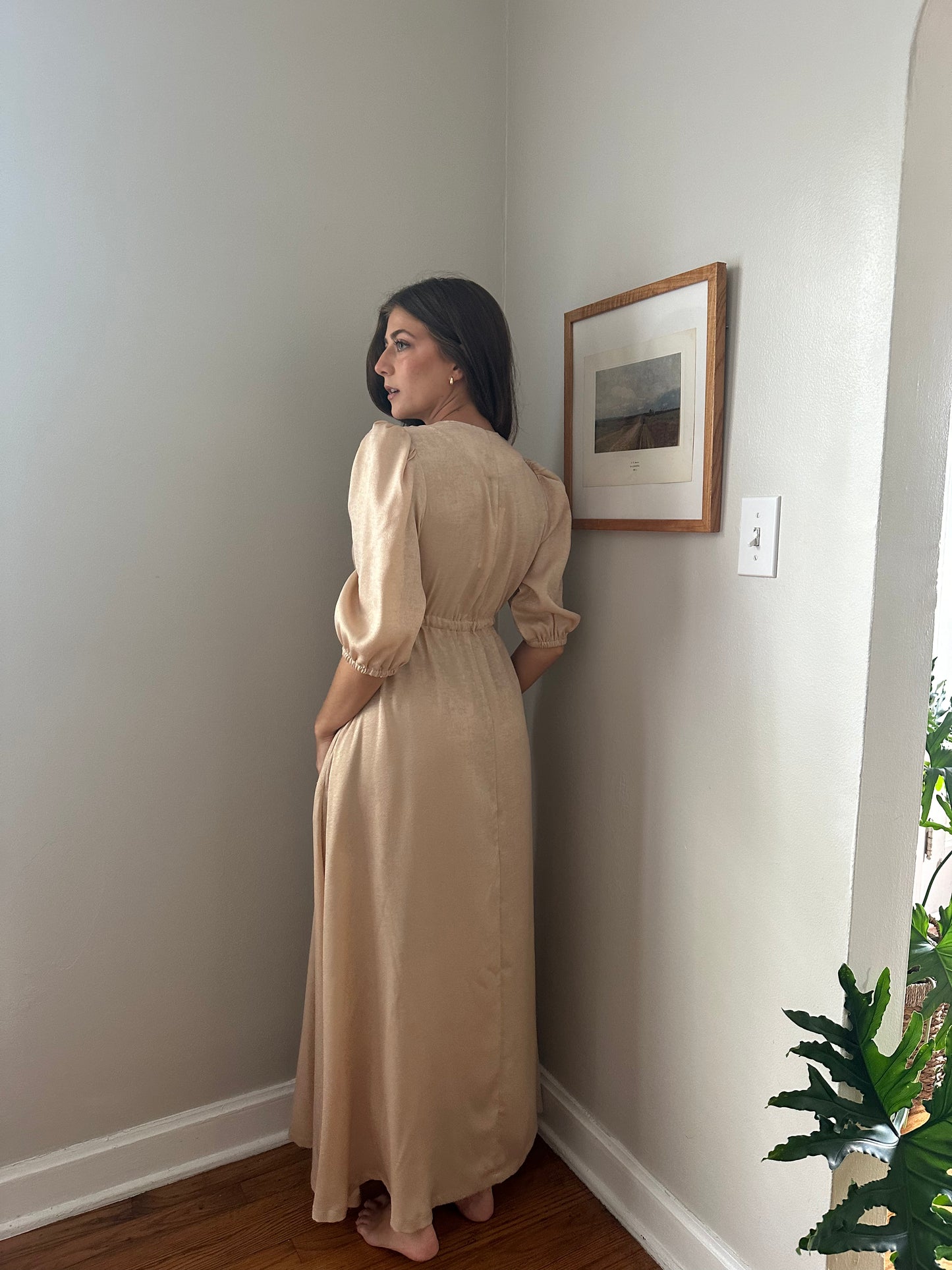 Molly Bracken Luna Beige Shimmer Puff Sleeve Maxi Dress