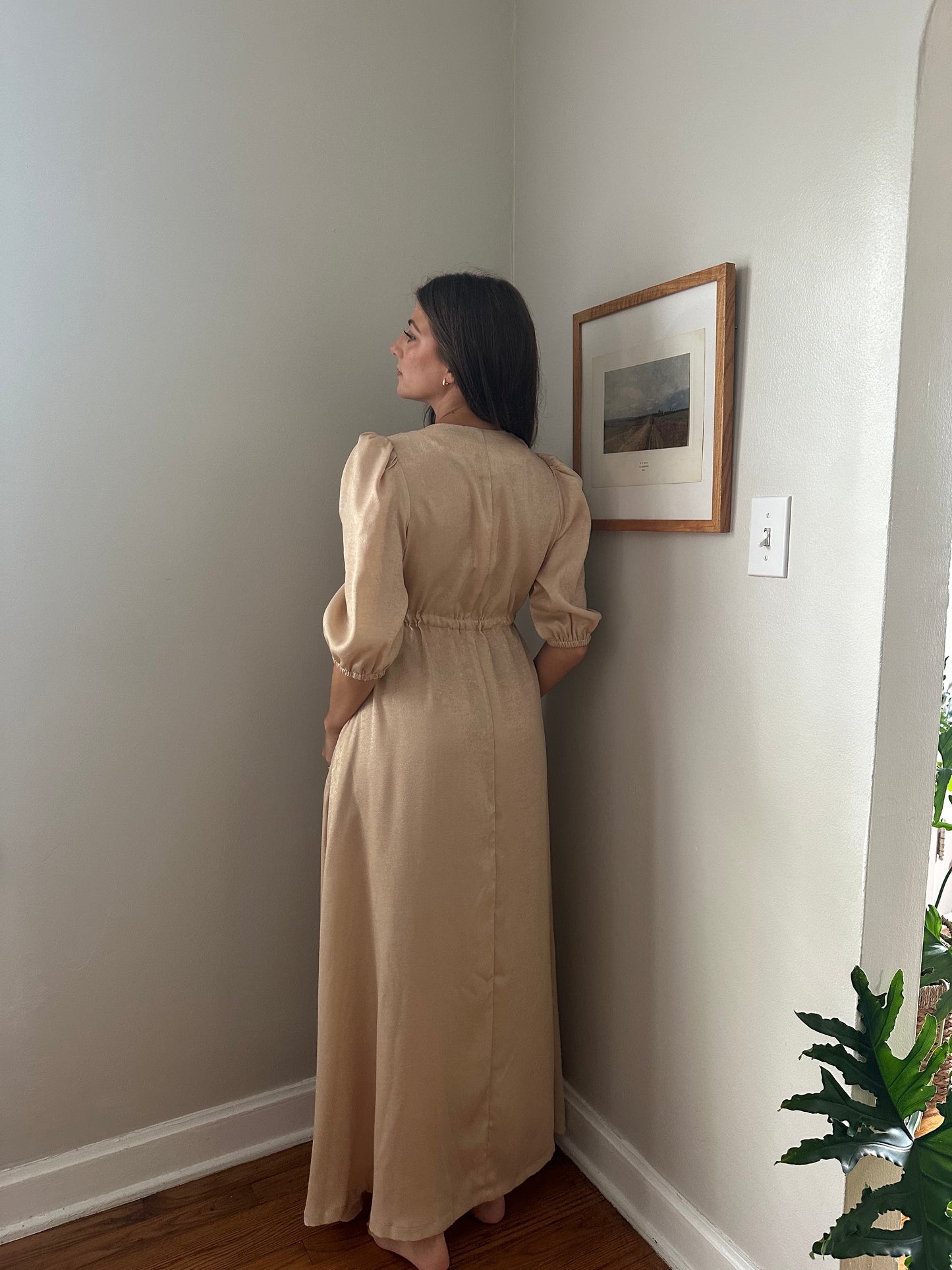 Molly Bracken Luna Beige Shimmer Puff Sleeve Maxi Dress