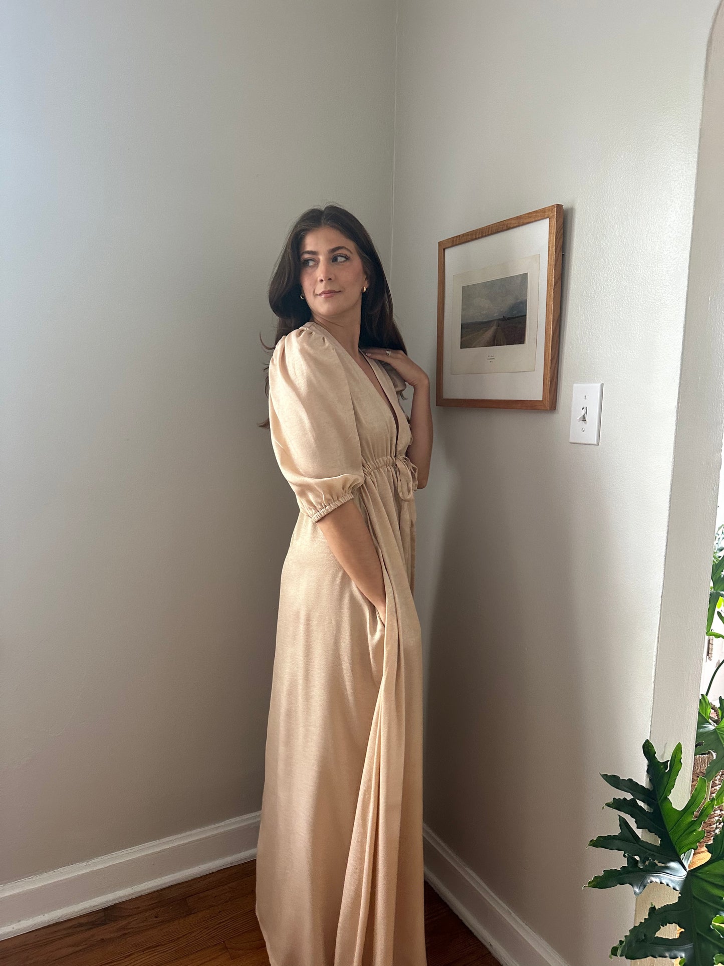 Molly Bracken Luna Beige Shimmer Puff Sleeve Maxi Dress