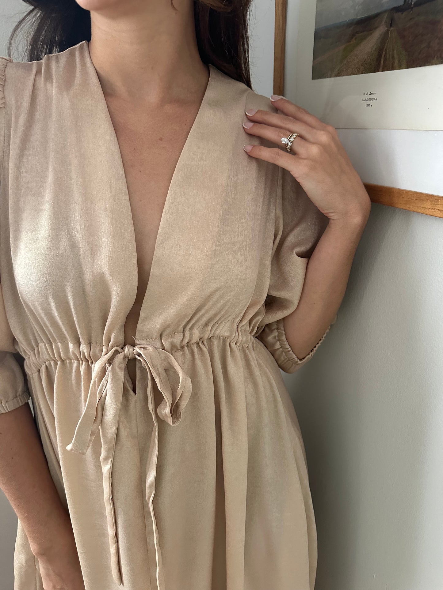 Molly Bracken Luna Beige Shimmer Puff Sleeve Maxi Dress