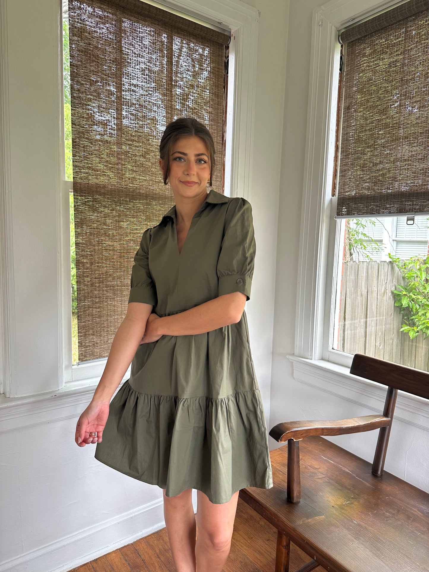 Molly Bracken Logan Collar Tiered Mini Dress (Green)