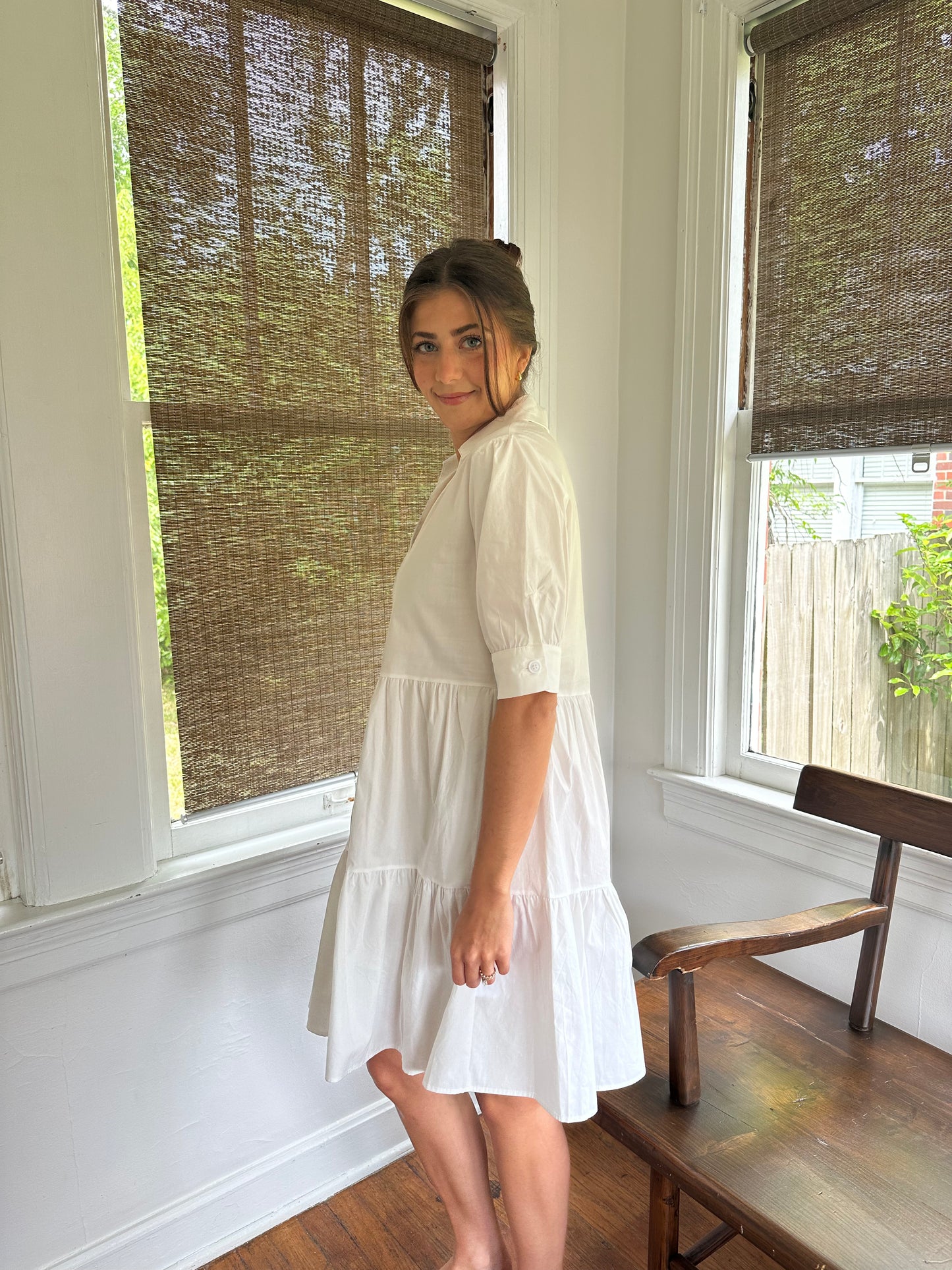 Molly Bracken Logan Collar Tiered Mini Dress (White)