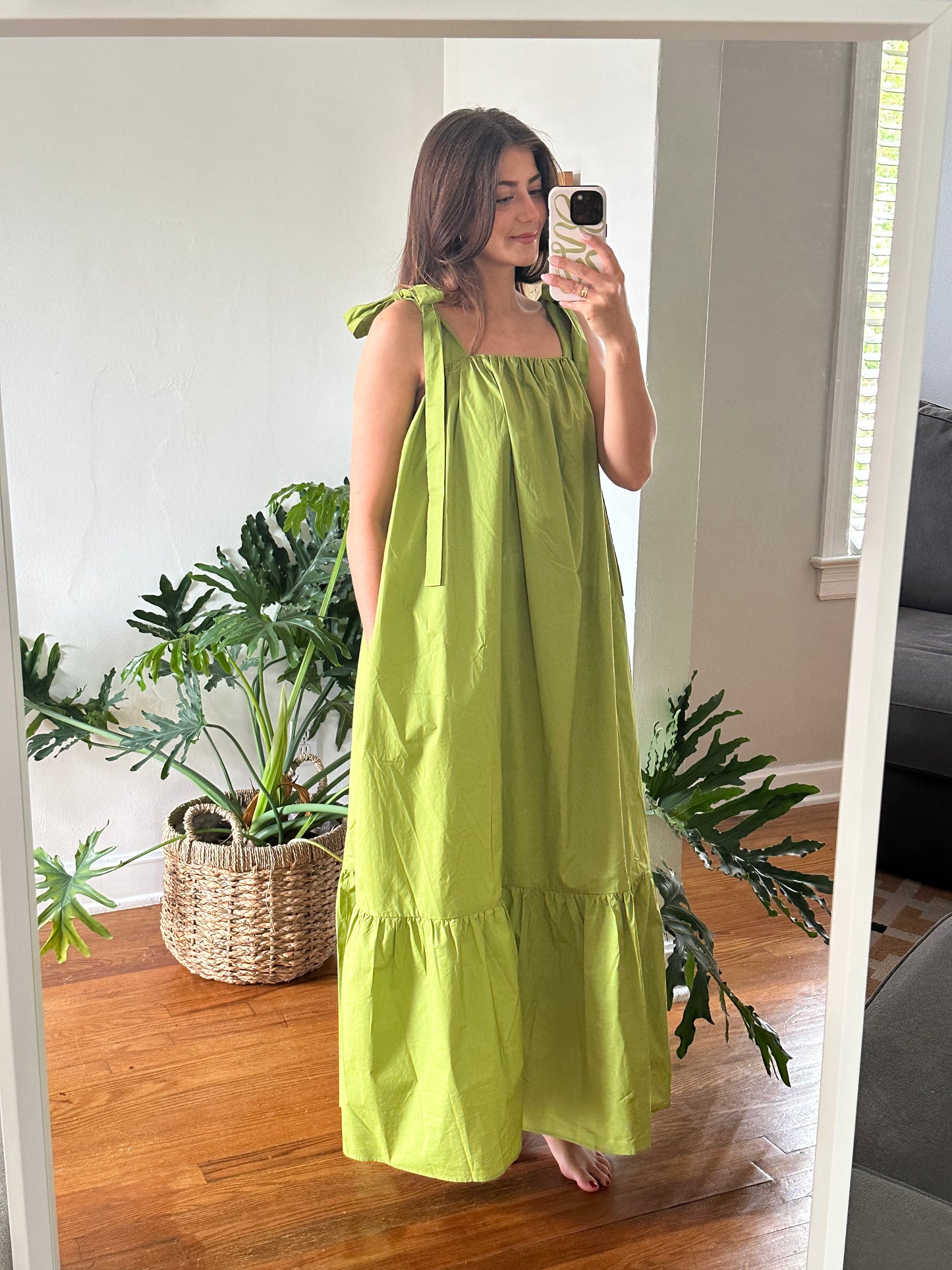 FRNCH Cylia Cotton Tie Strap Maxi Dress (Green)