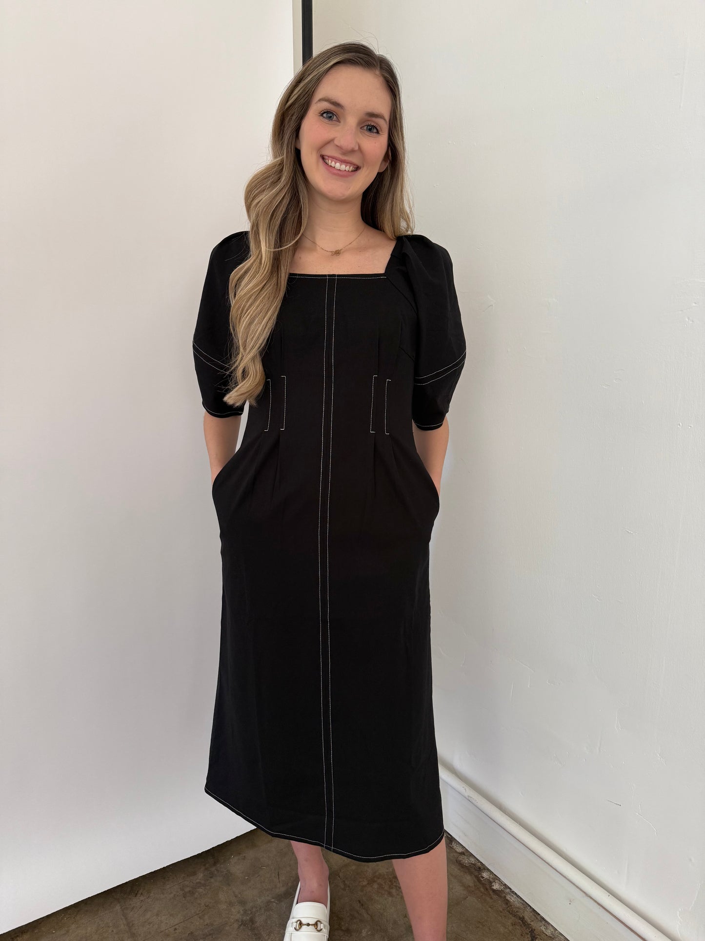 PINCH Sarah Black Contrast Stitched Puff Sleeve Midi Dress
