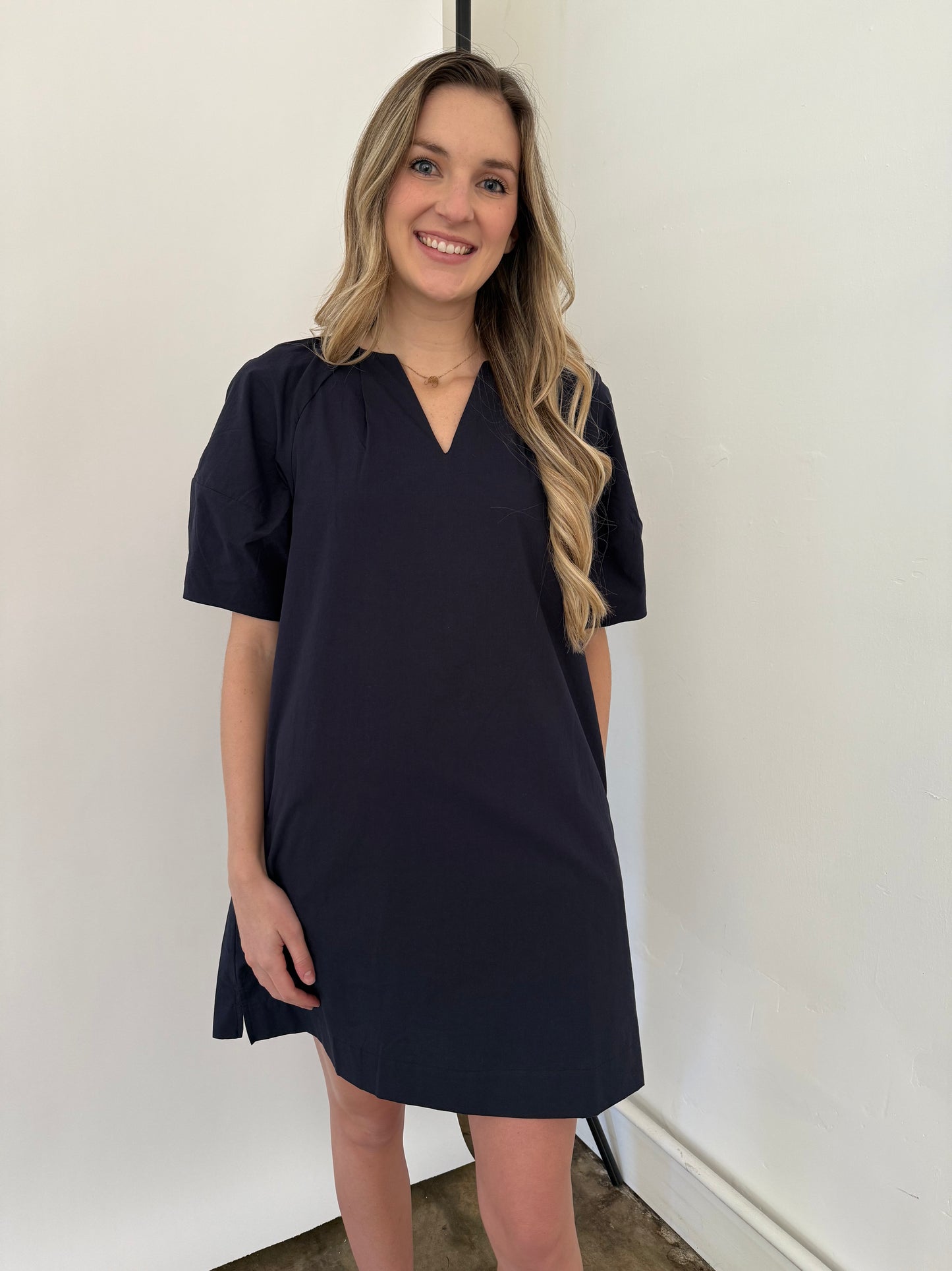 PINCH Scarlett V-Neck Puff Sleeve Mini Dress (Navy)