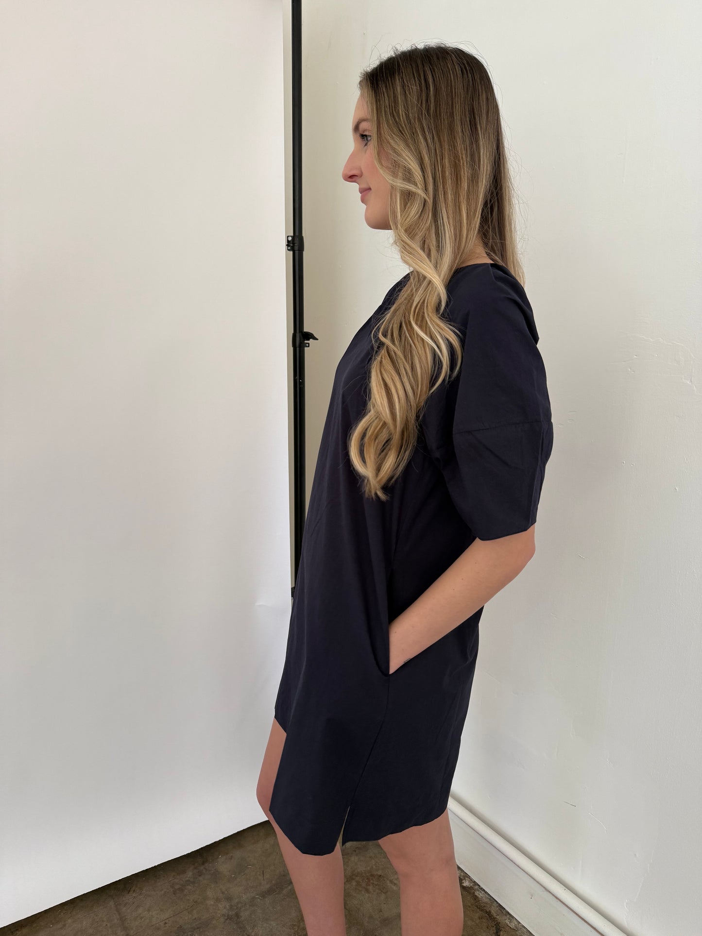 PINCH Scarlett V-Neck Puff Sleeve Mini Dress (Navy)