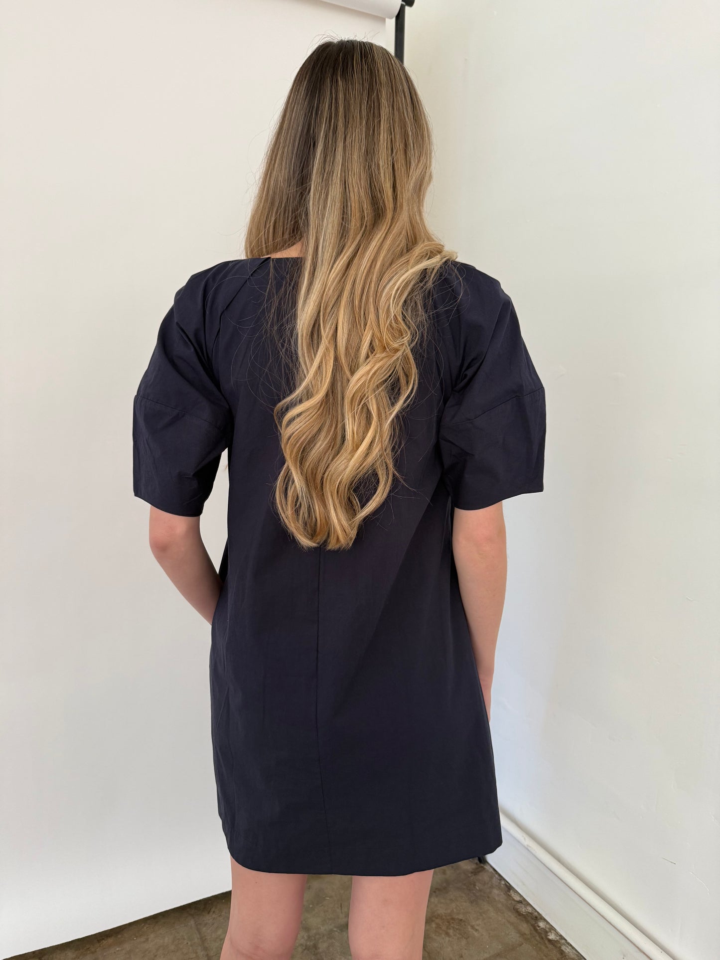 PINCH Scarlett V-Neck Puff Sleeve Mini Dress (Navy)