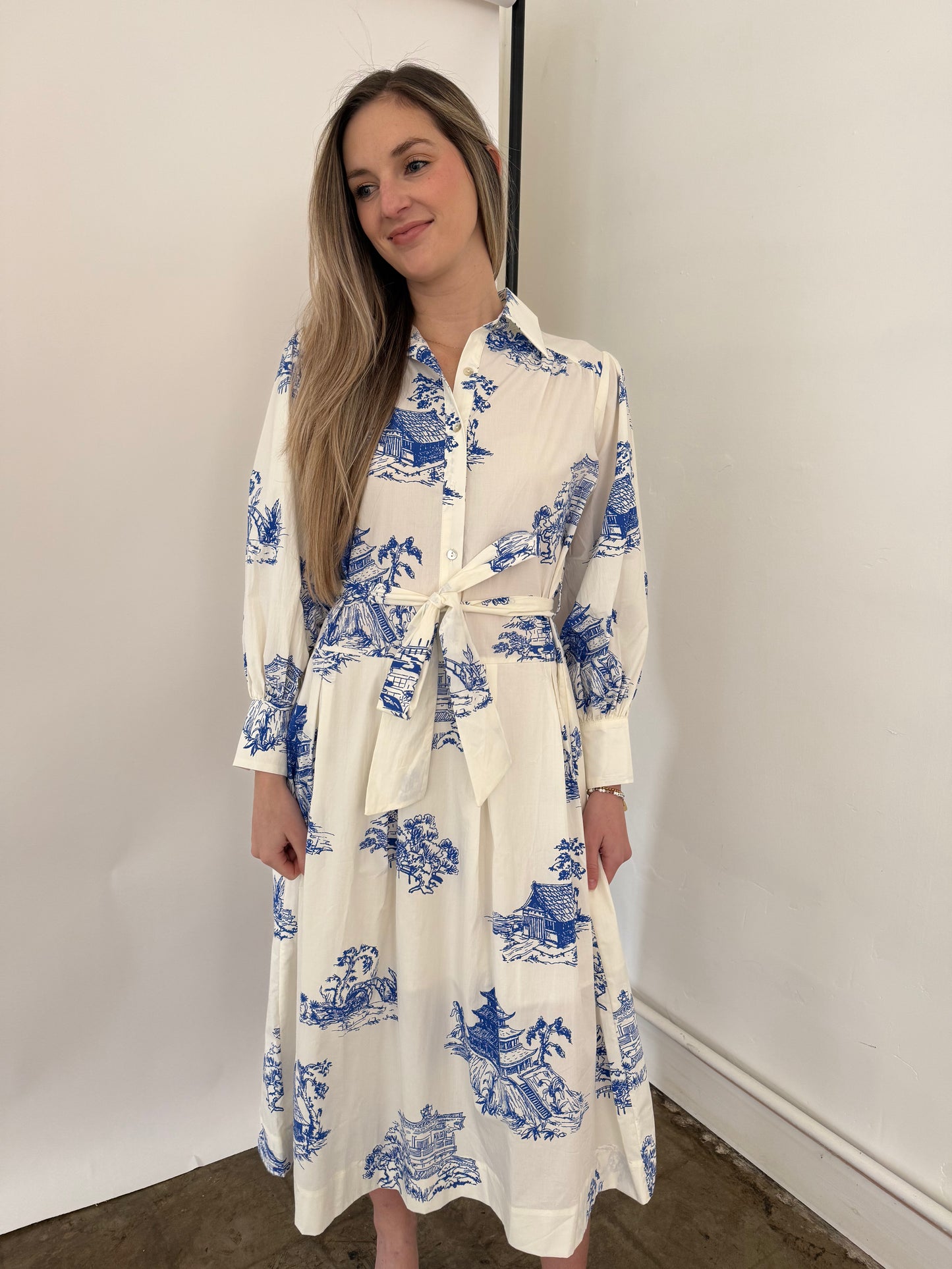 PINCH Taylor Blue Toile Print Collared Midi Dress