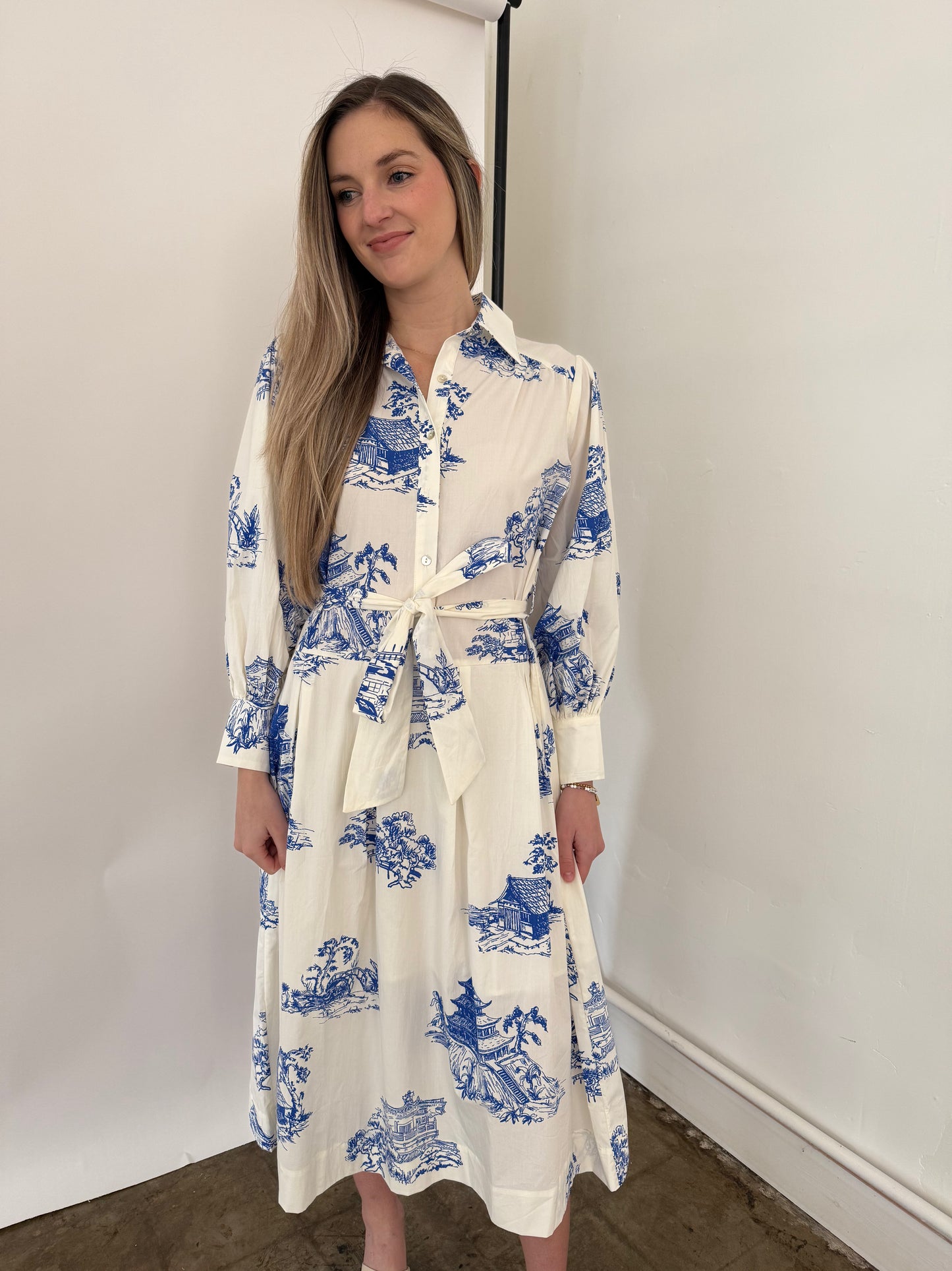 PINCH Taylor Blue Toile Print Collared Midi Dress