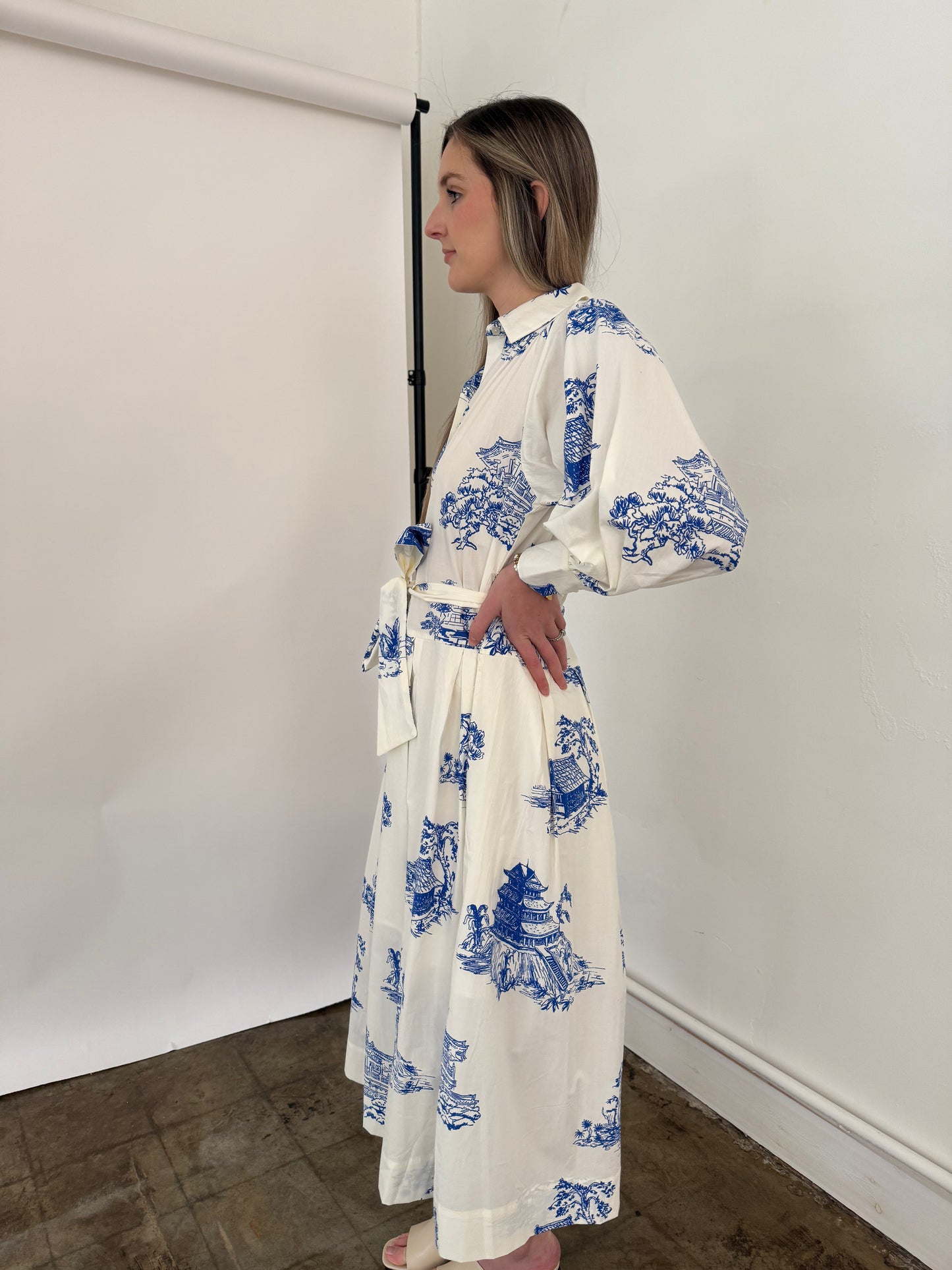 PINCH Taylor Blue Toile Print Collared Midi Dress