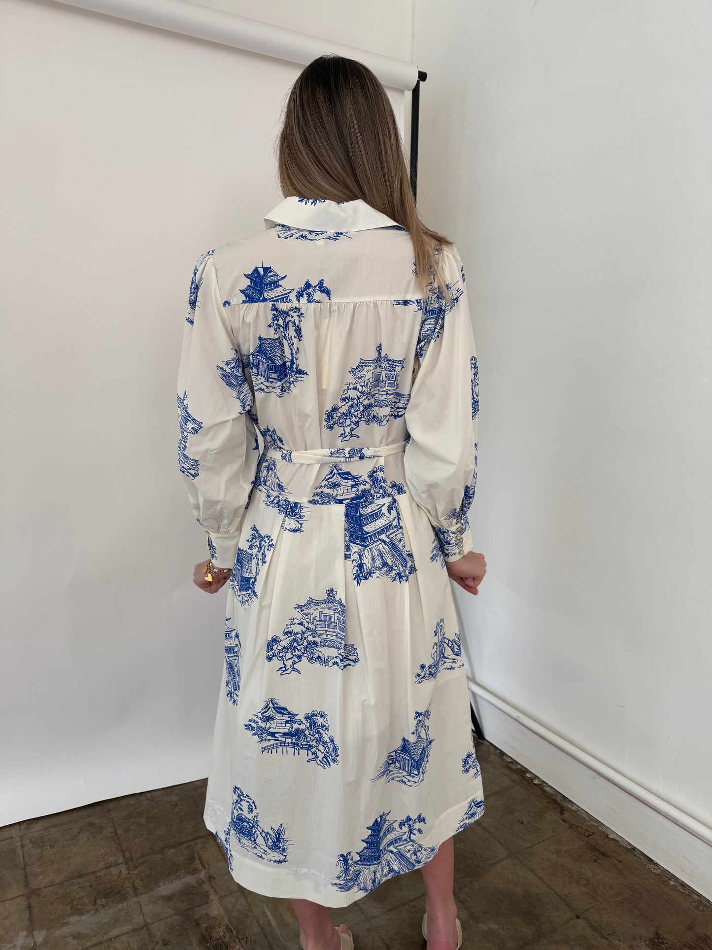 PINCH Taylor Blue Toile Print Collared Midi Dress