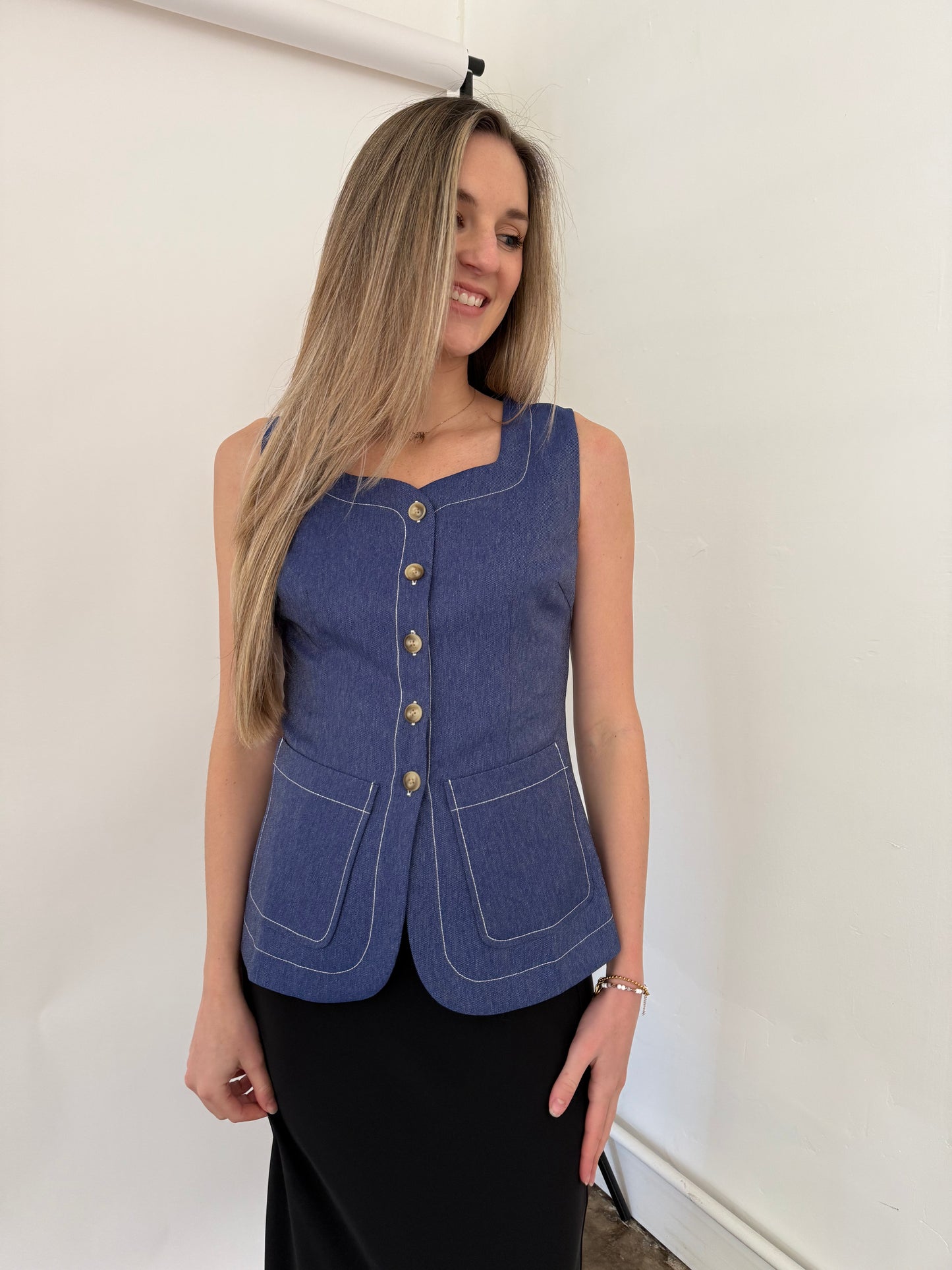 Current Air Thea Contrast Stitch Denim Vest