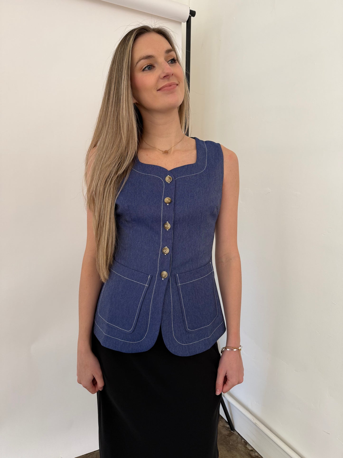 Current Air Thea Contrast Stitch Denim Vest