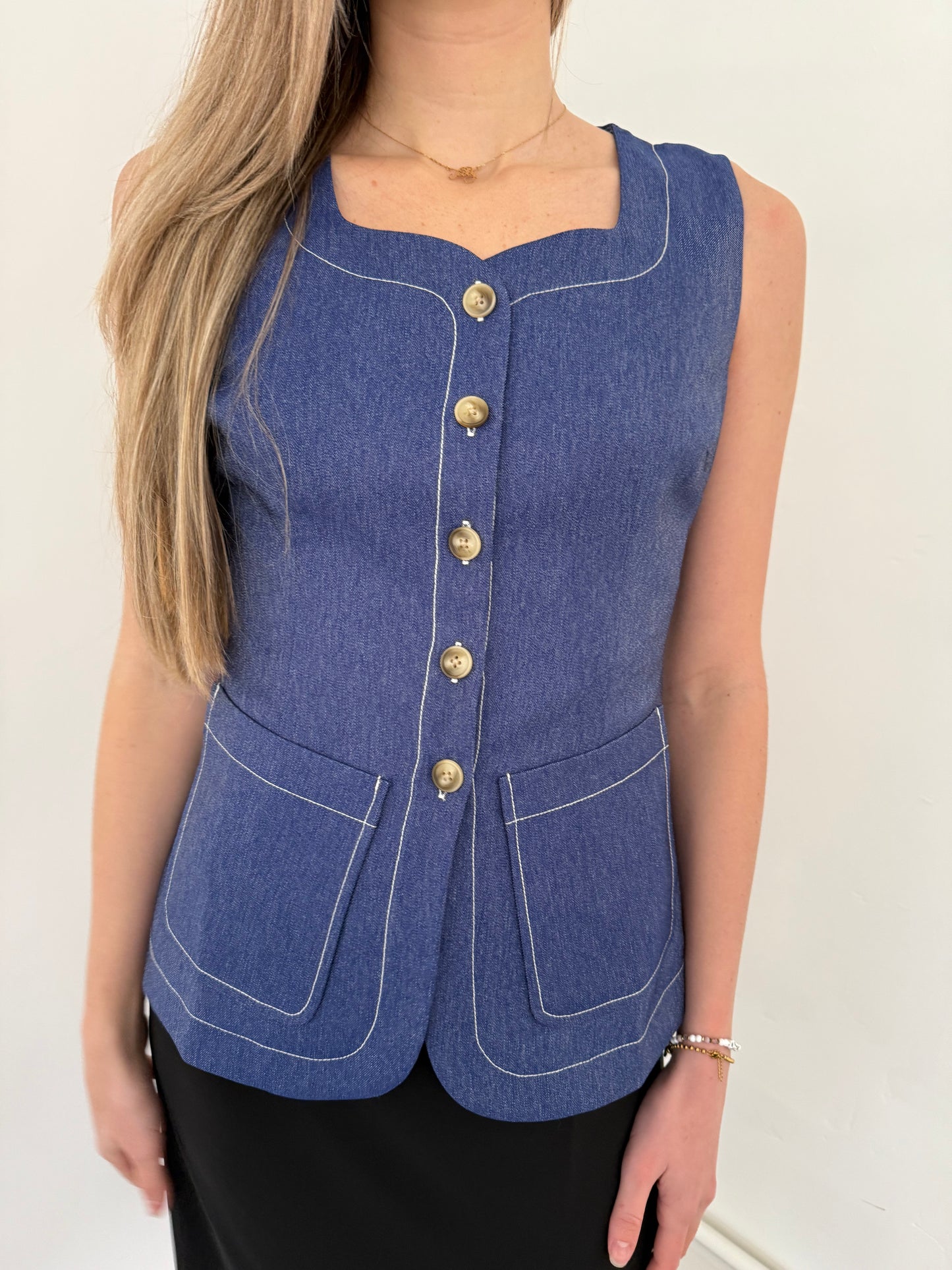 Current Air Thea Contrast Stitch Denim Vest
