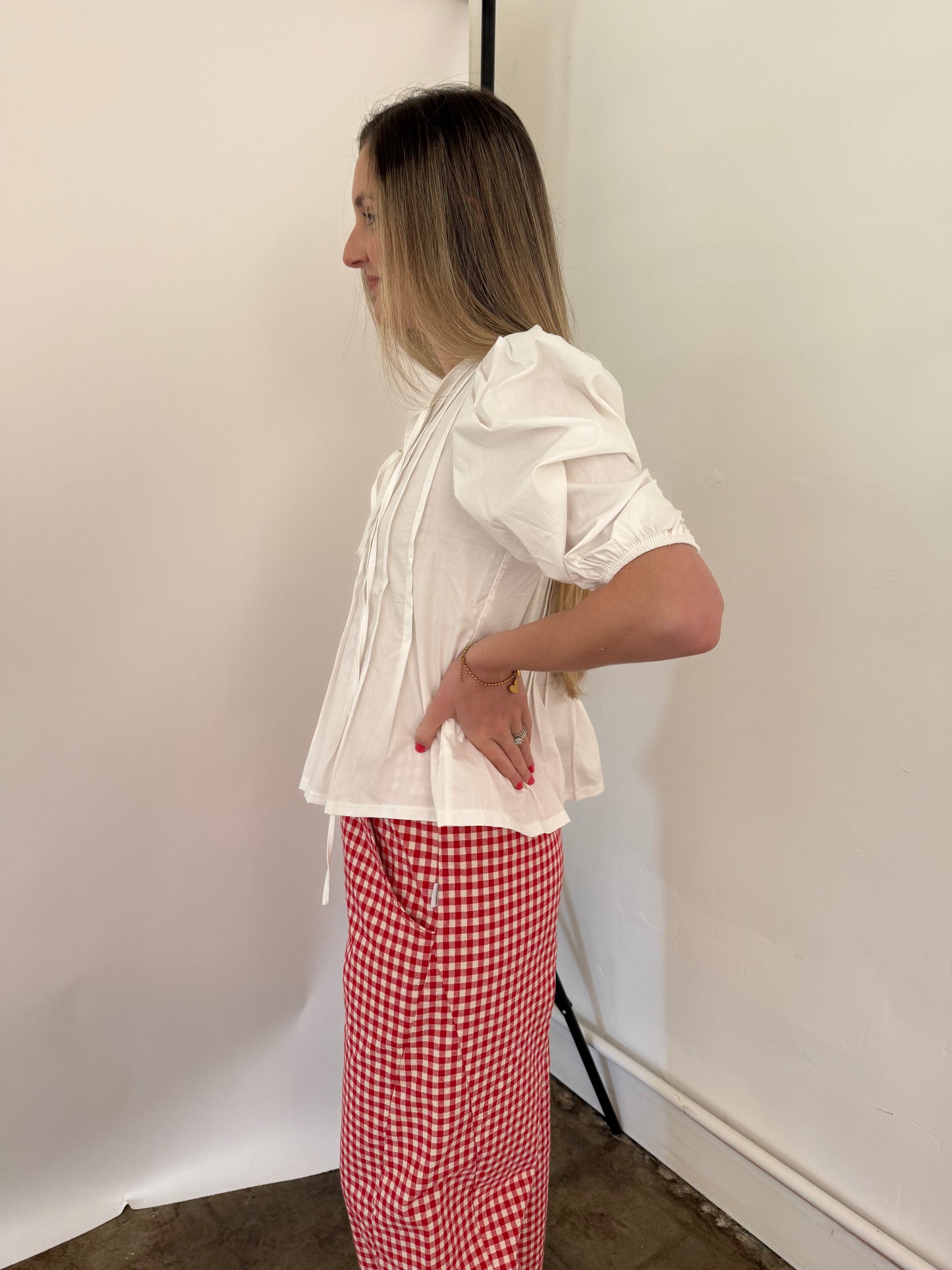 PINCH Aubrey Pleated Puff Sleeve Front Tie Top (White)
