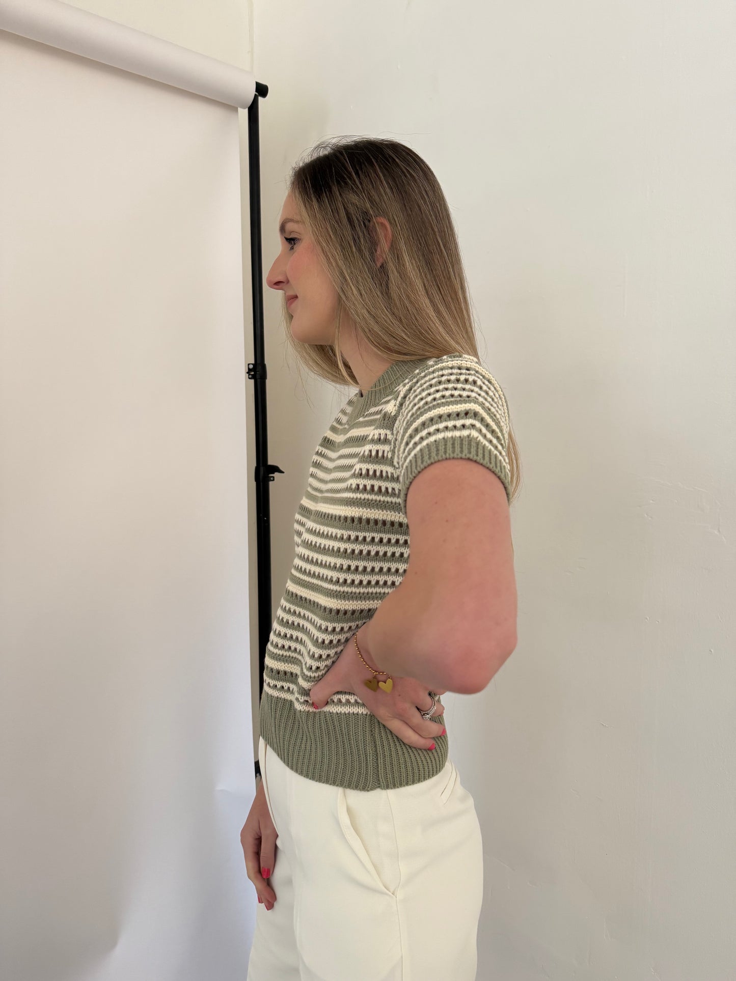 PINCH Ariana Eyelet Stripe Short Sleeve Sweater (Olive)