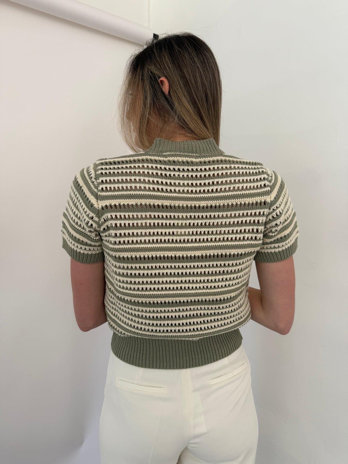 PINCH Ariana Eyelet Stripe Short Sleeve Sweater (Olive)