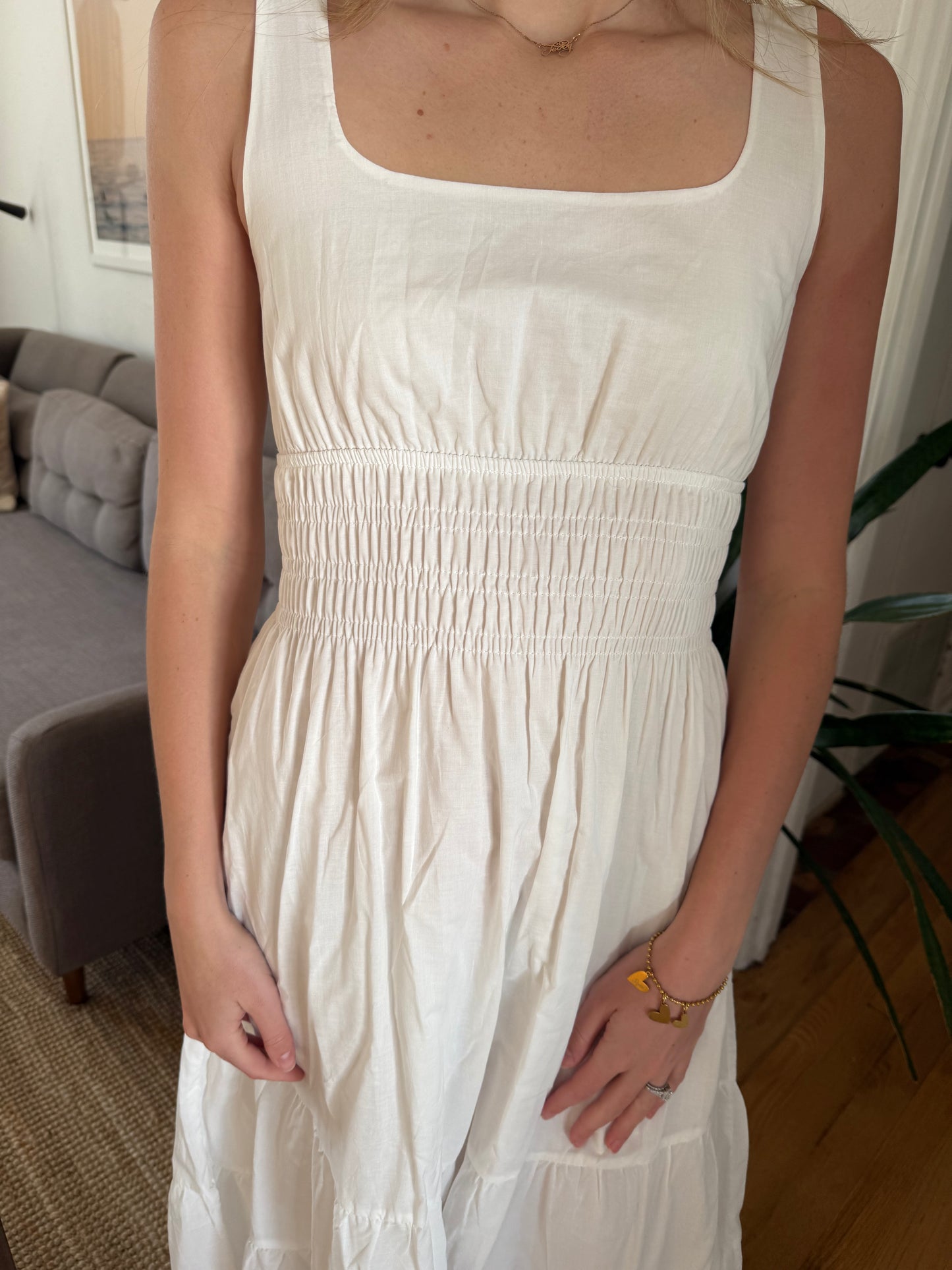 Needii Ashley Cotton Tank Smocked Midi Dress (White)