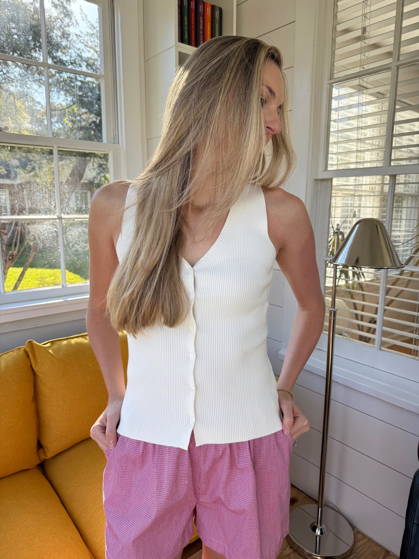 Lucy Paris Eris White Ribbed Knit Button Vest Top