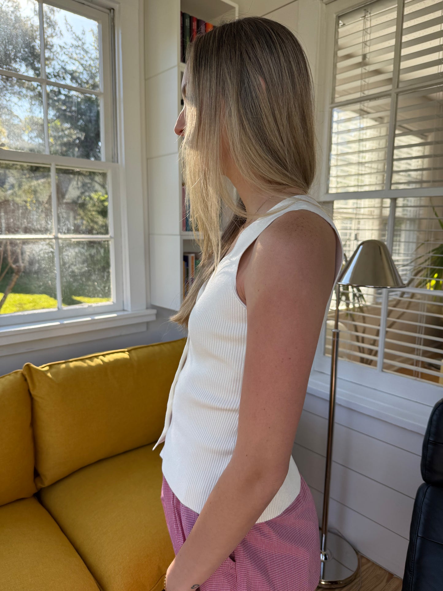 Lucy Paris Eris White Ribbed Knit Button Vest Top