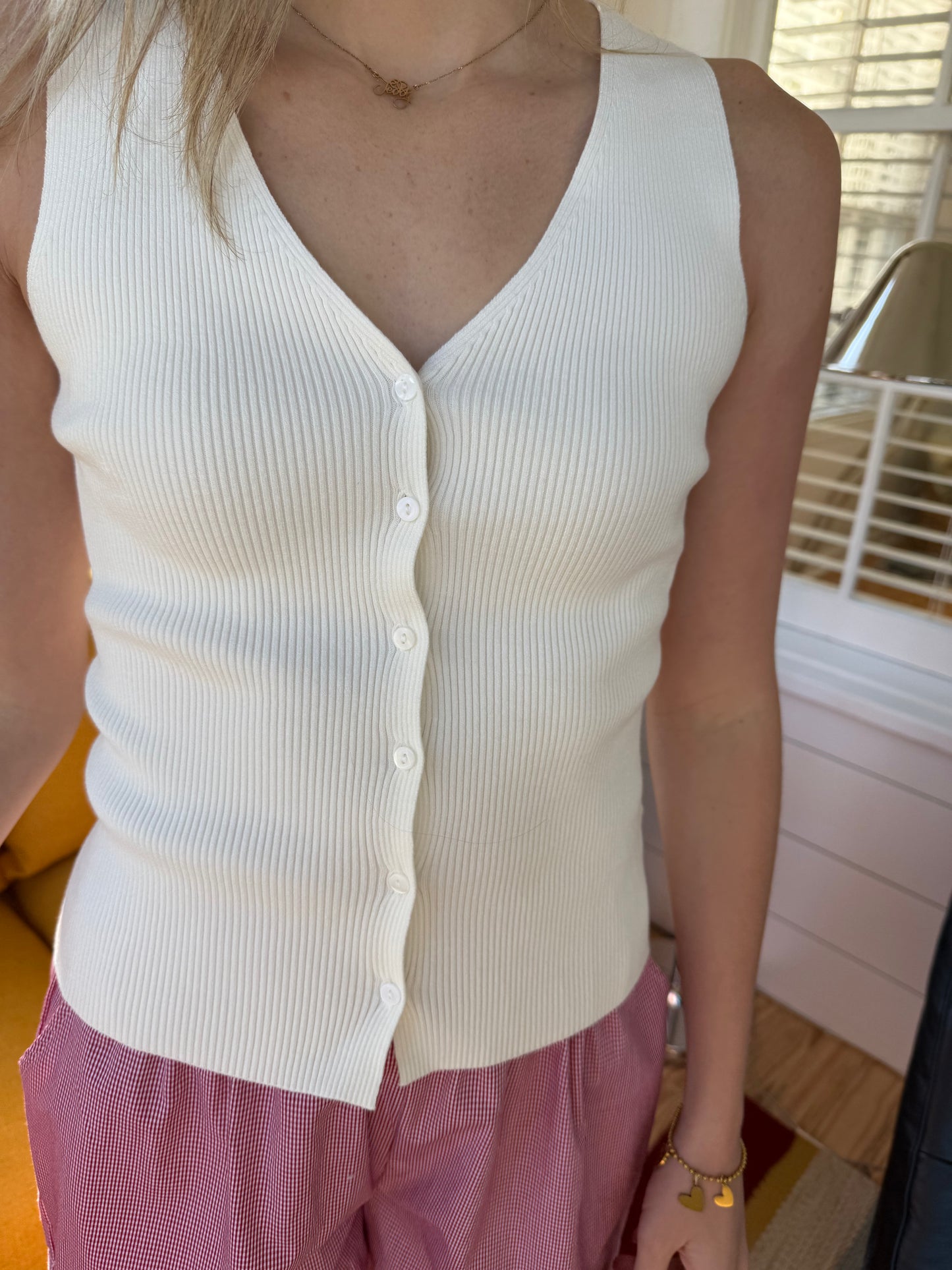 Lucy Paris Eris White Ribbed Knit Button Vest Top