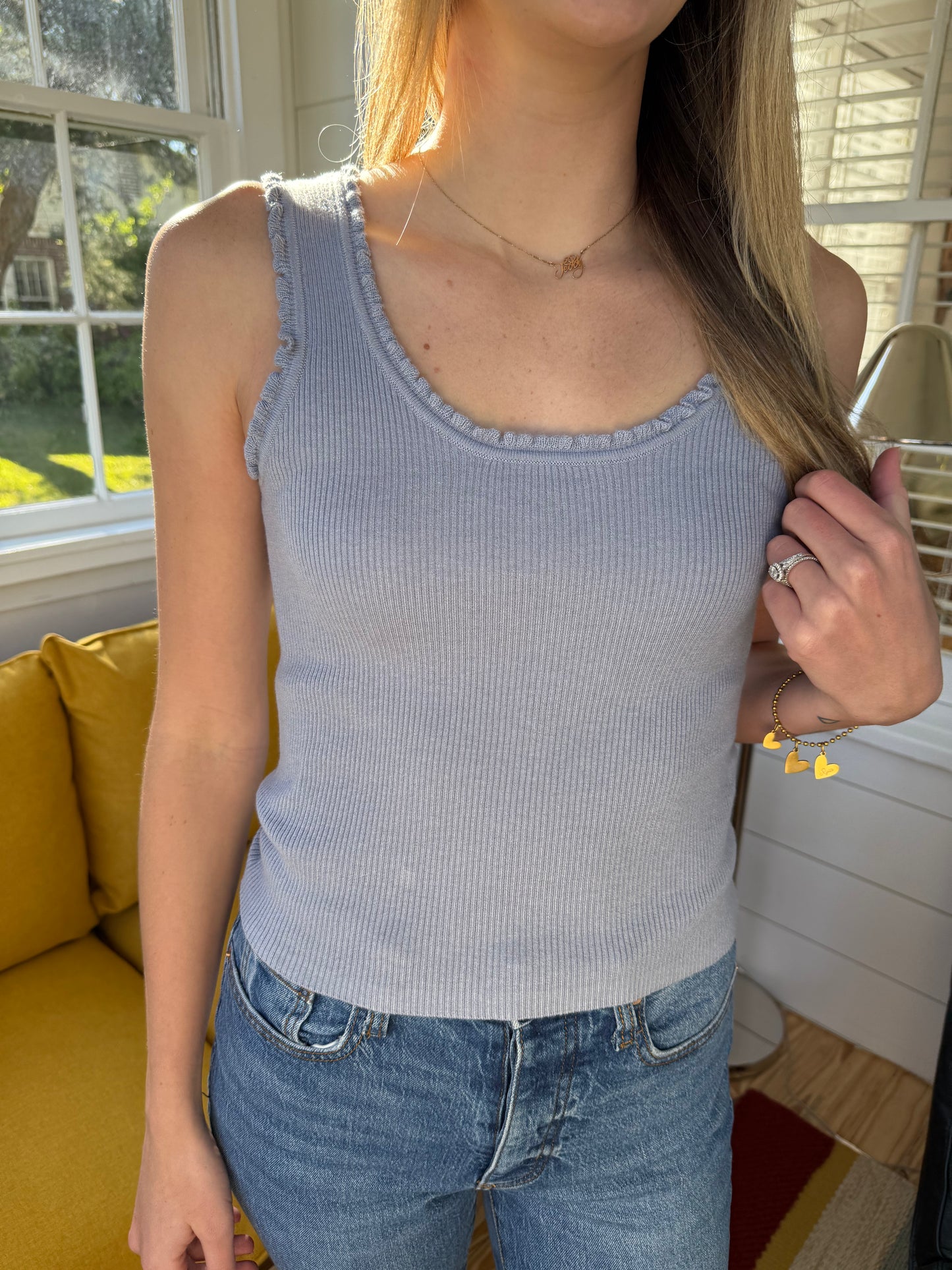 Lucy Paris Kaley Blue Knit Ruffle Tank Top