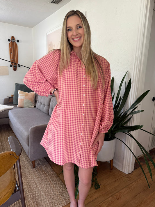 FRNCH Ismery Pink Gingham Cotton Buttoned Mini Dress (S)