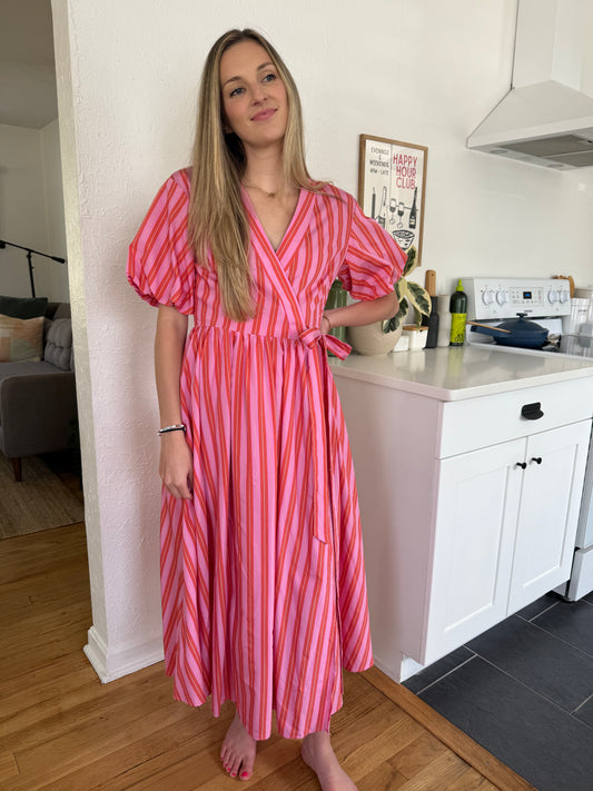 FRNCH Aelia Pink Stripe Short Sleeve Wrap Midi Dress