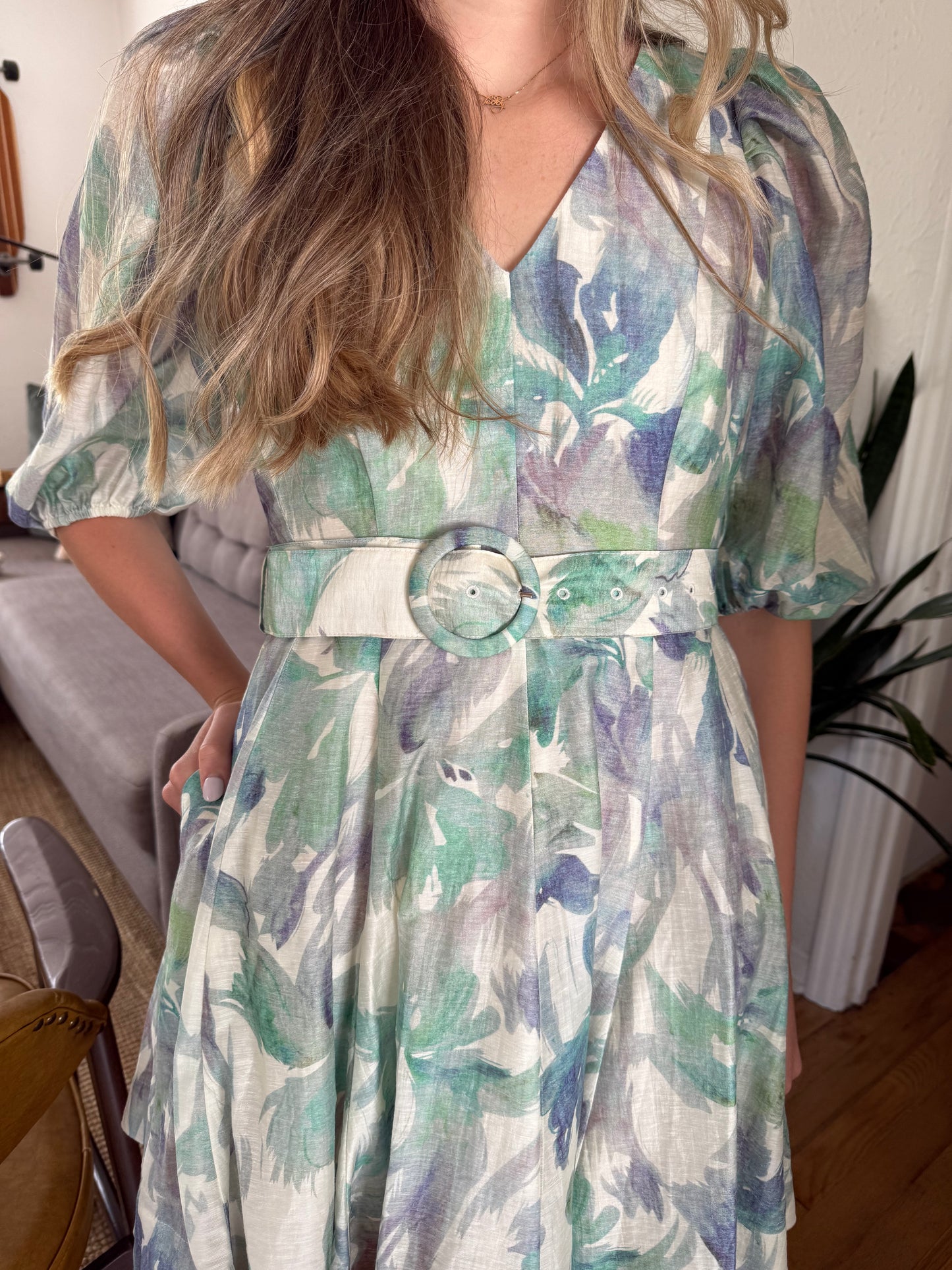 Lucy Paris Alexis Turquoise Floral Belted Mini Dress