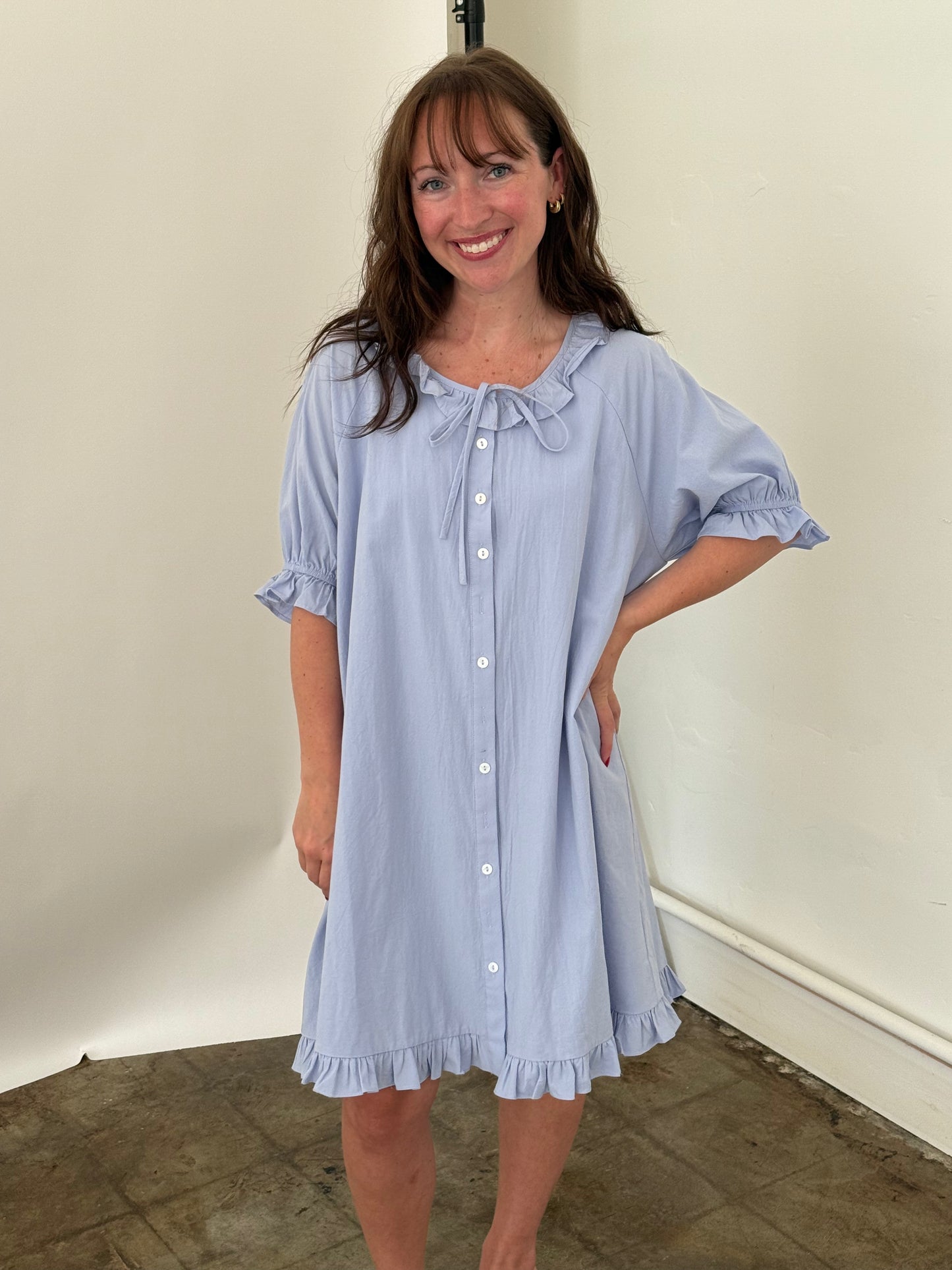 Things Between Dorothy Baby Blue Ruffle Button Mini Dress
