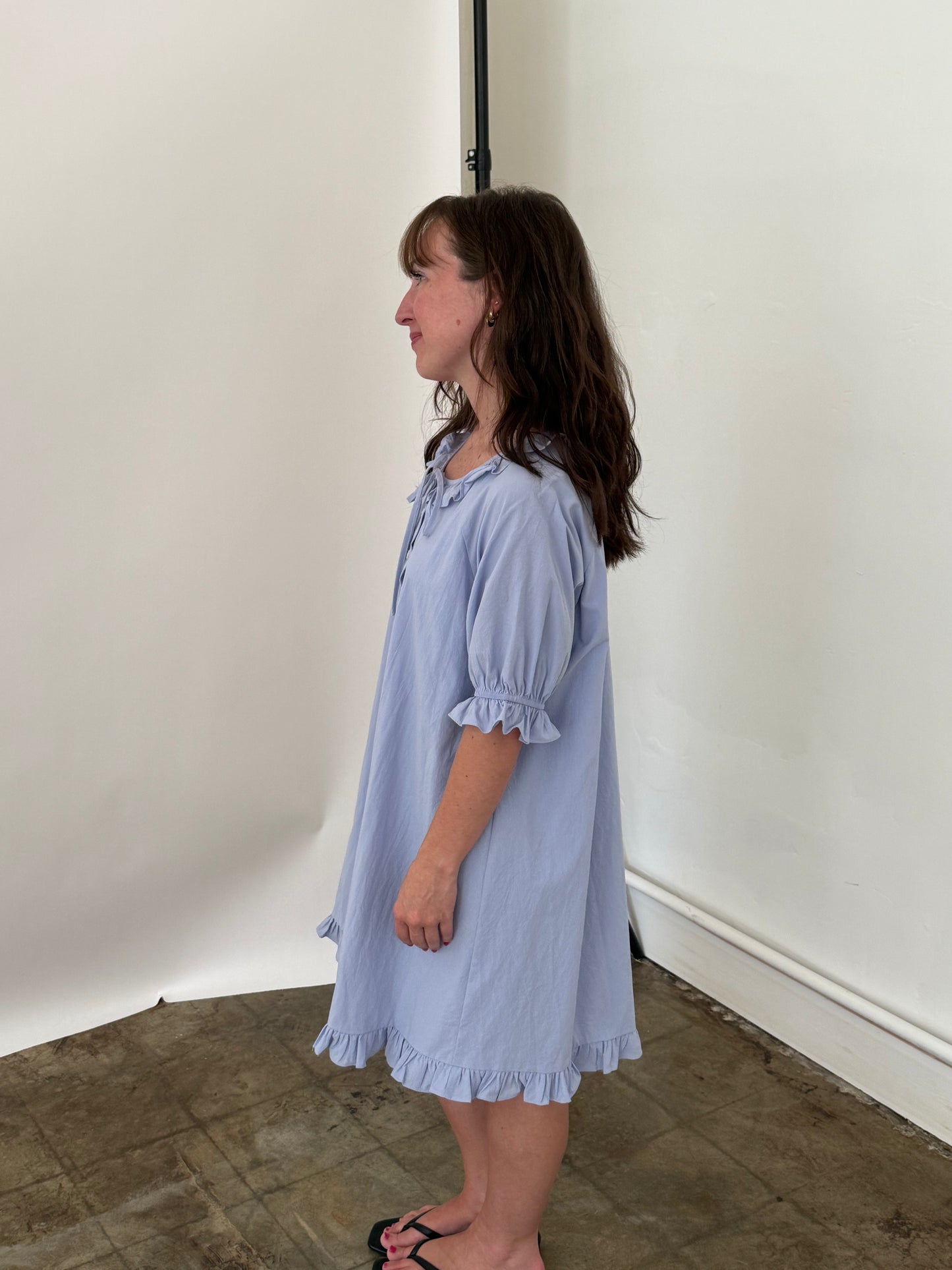 Things Between Dorothy Baby Blue Ruffle Button Mini Dress