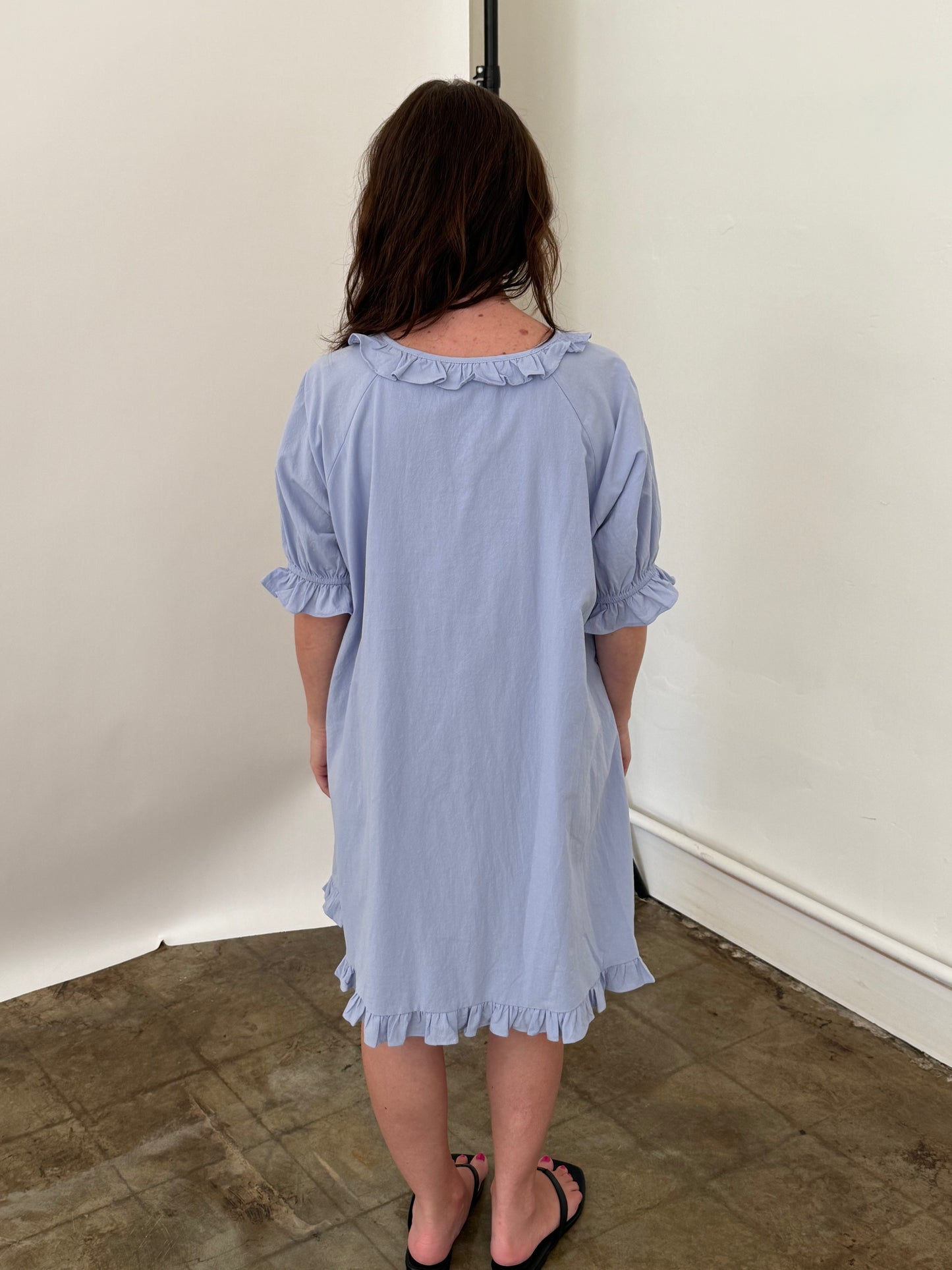 Things Between Dorothy Baby Blue Ruffle Button Mini Dress