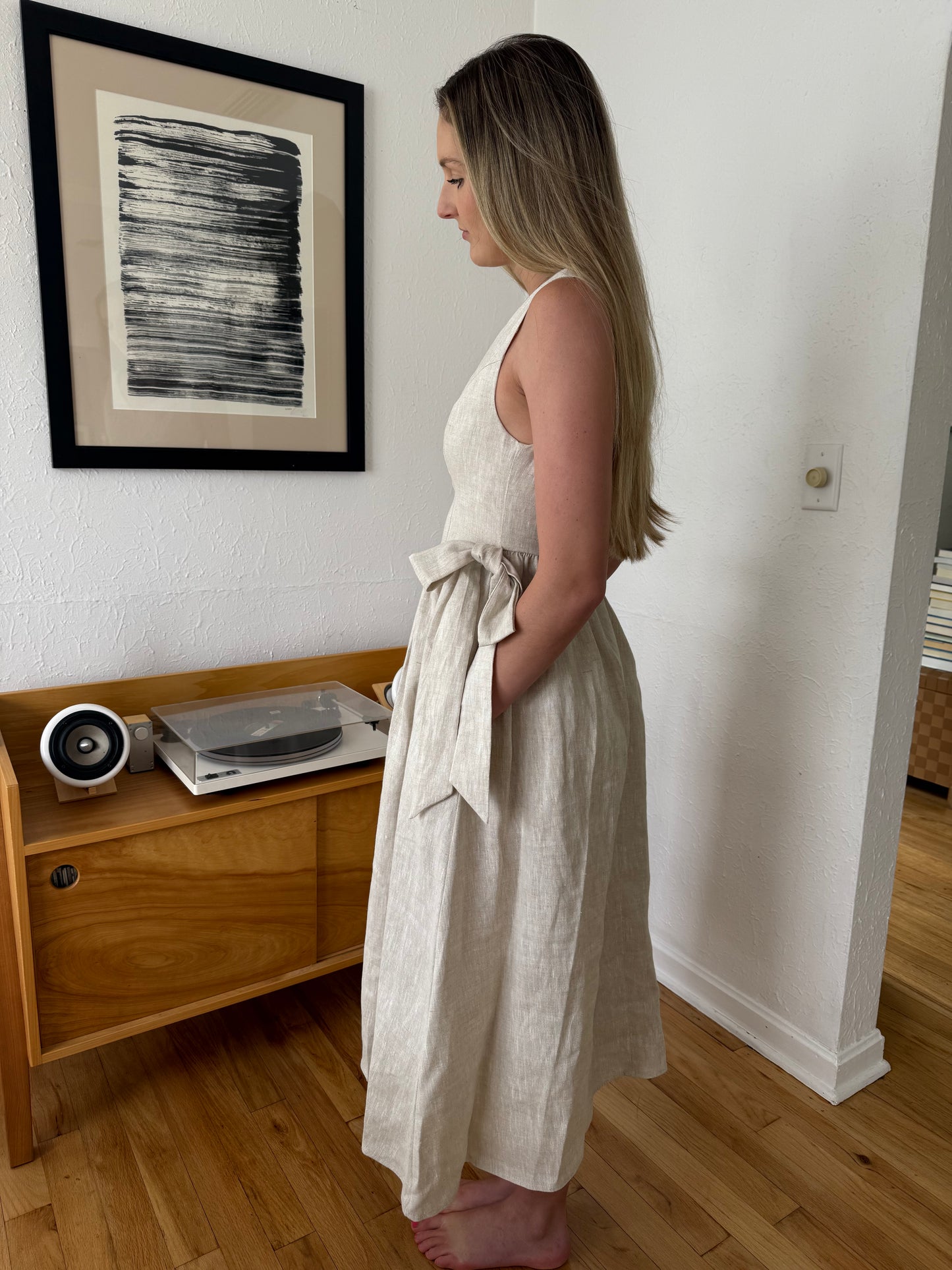 Sofie the Label Ellis Natural Linen Bow Waist Midi Dress