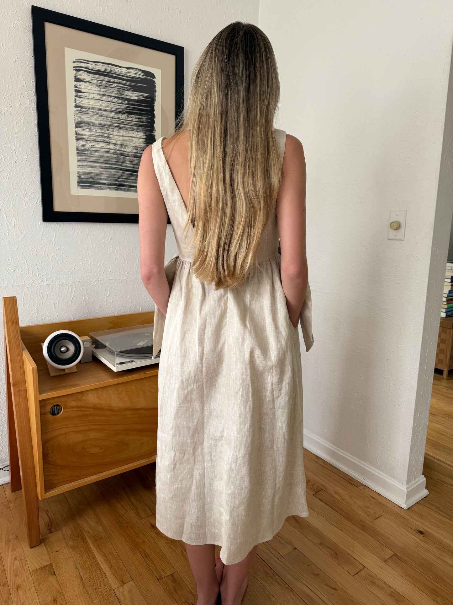 Sofie the Label Ellis Natural Linen Bow Waist Midi Dress