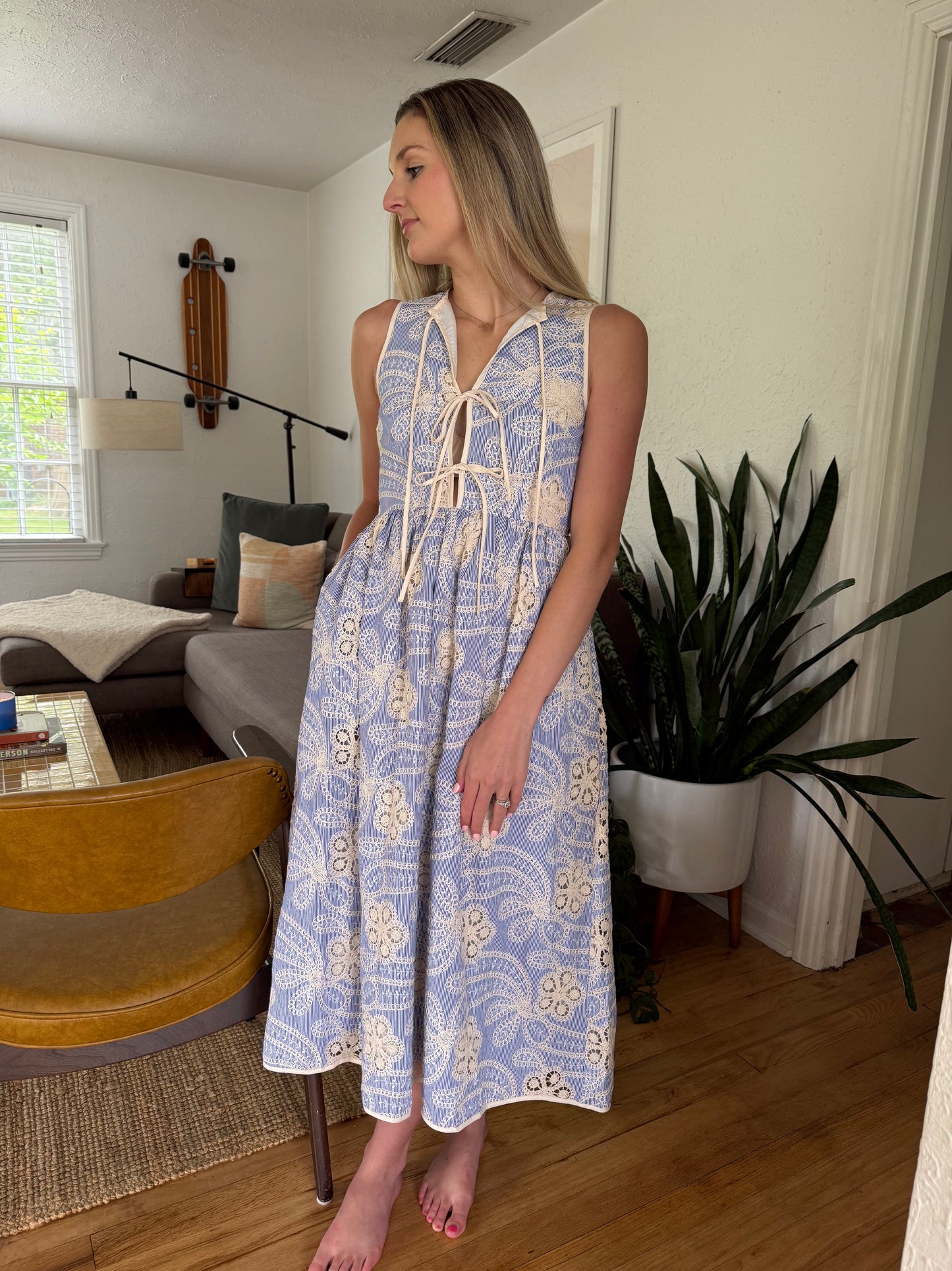 Aureum Eden Blue Stripe Embroidered Sleeveless Midi Dress