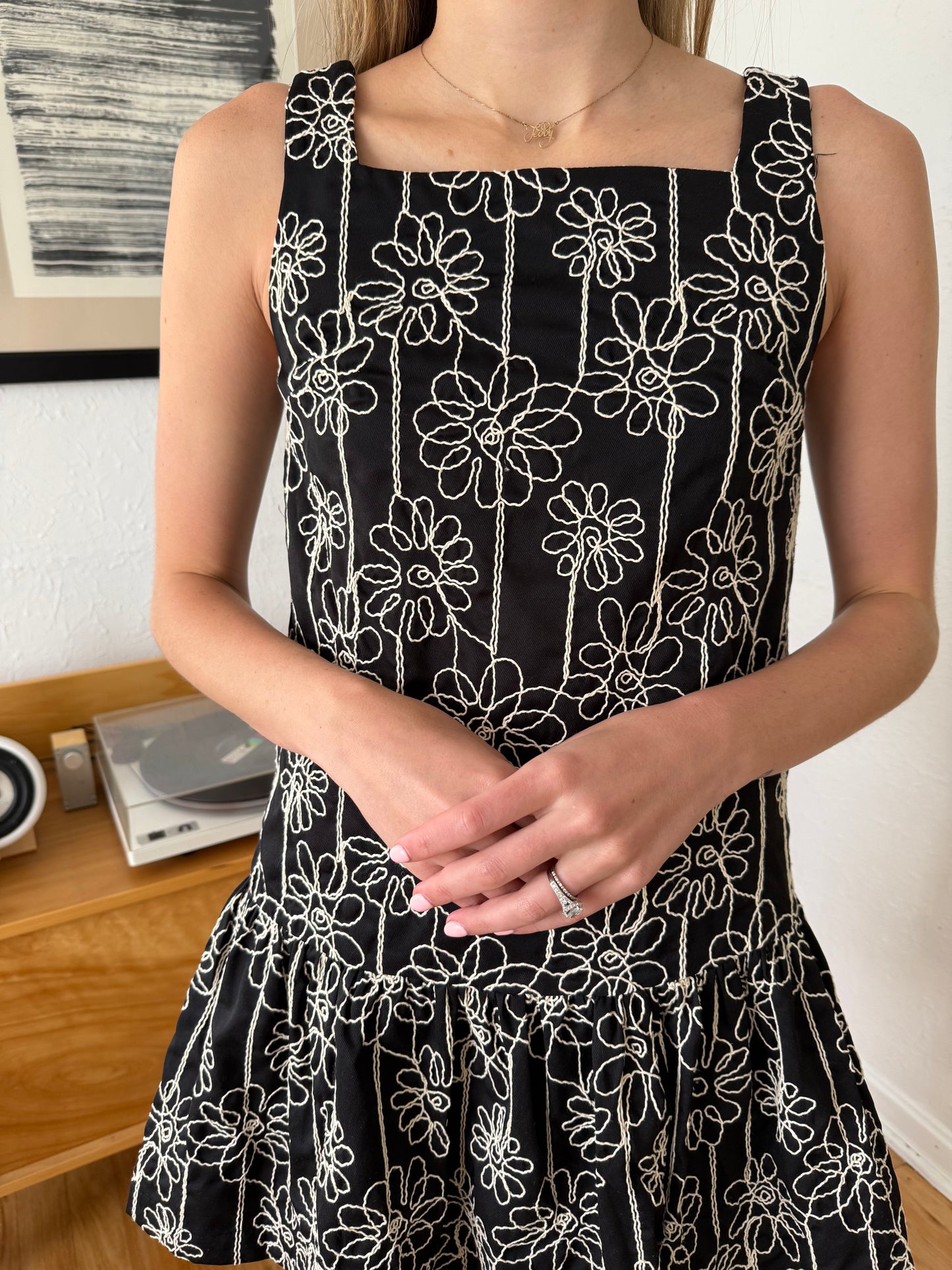 Aureum Emery Black Floral Embroidered Shift Mini Dress