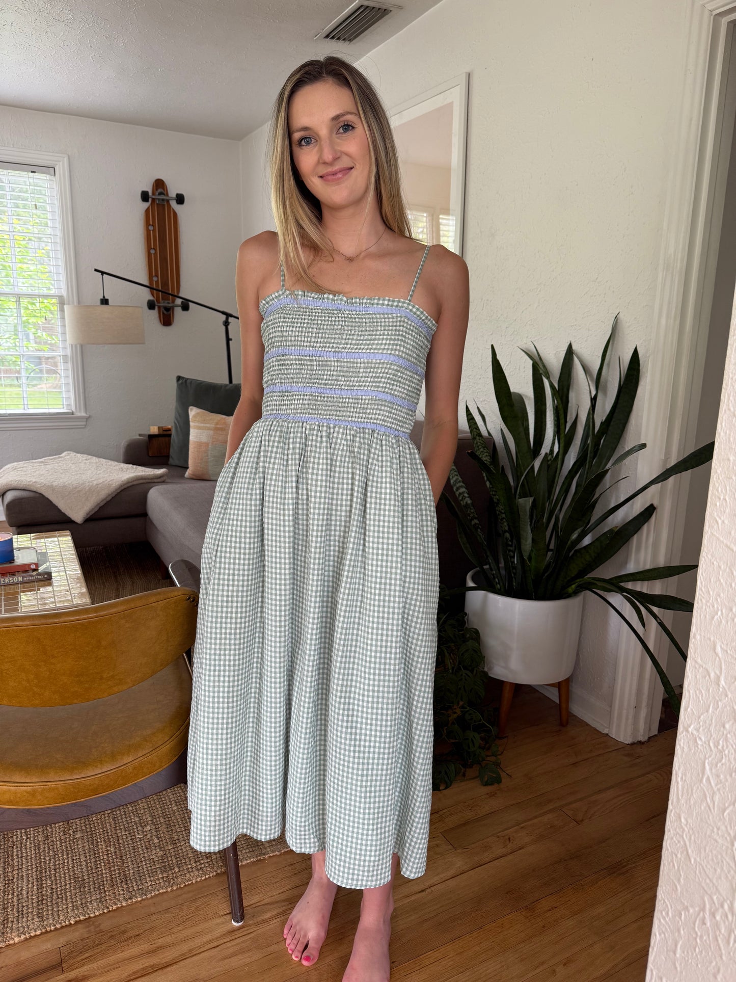 Aureum Emma Green Gingham Sleeveless Midi Dress