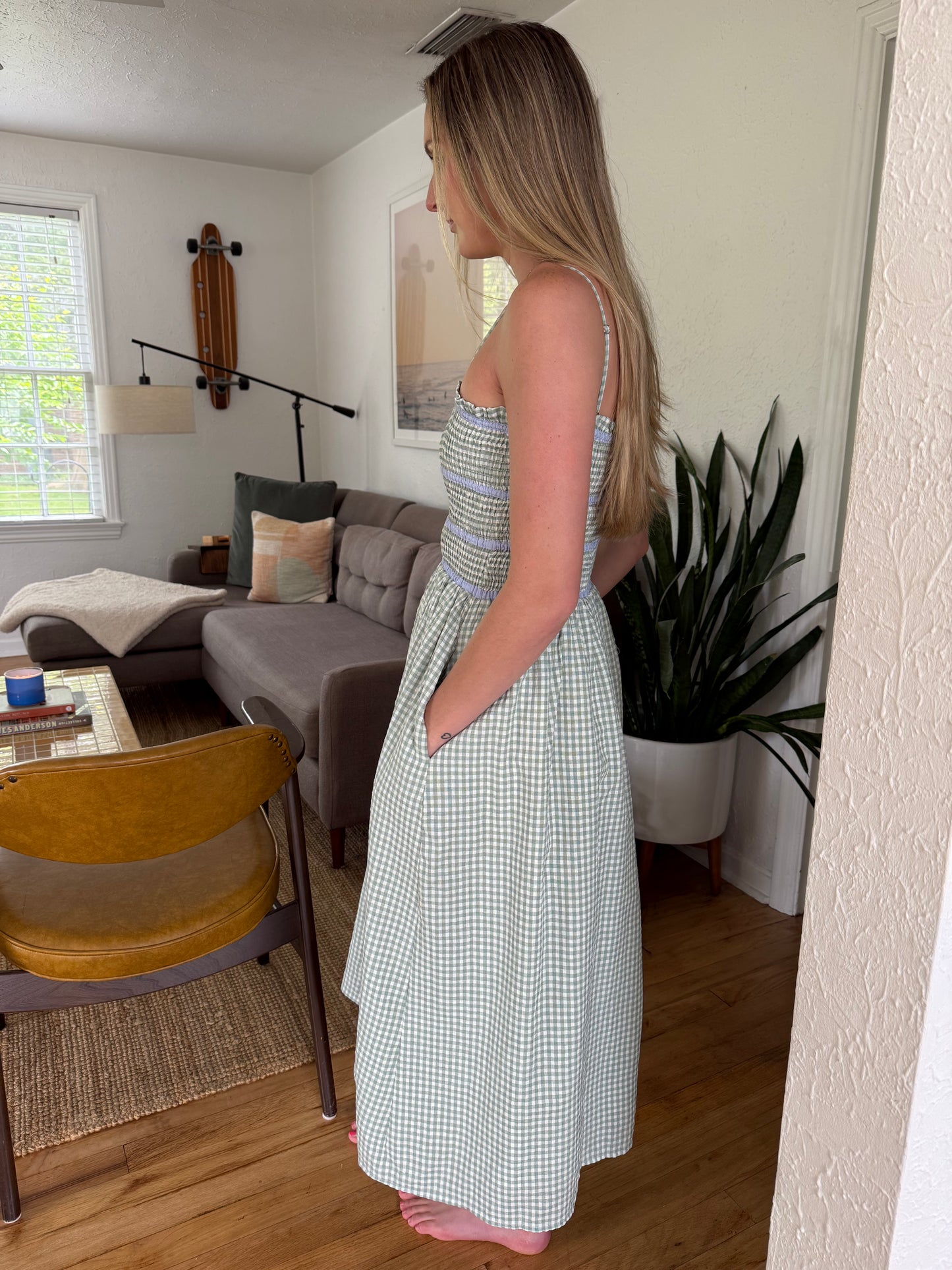 Aureum Emma Green Gingham Sleeveless Midi Dress