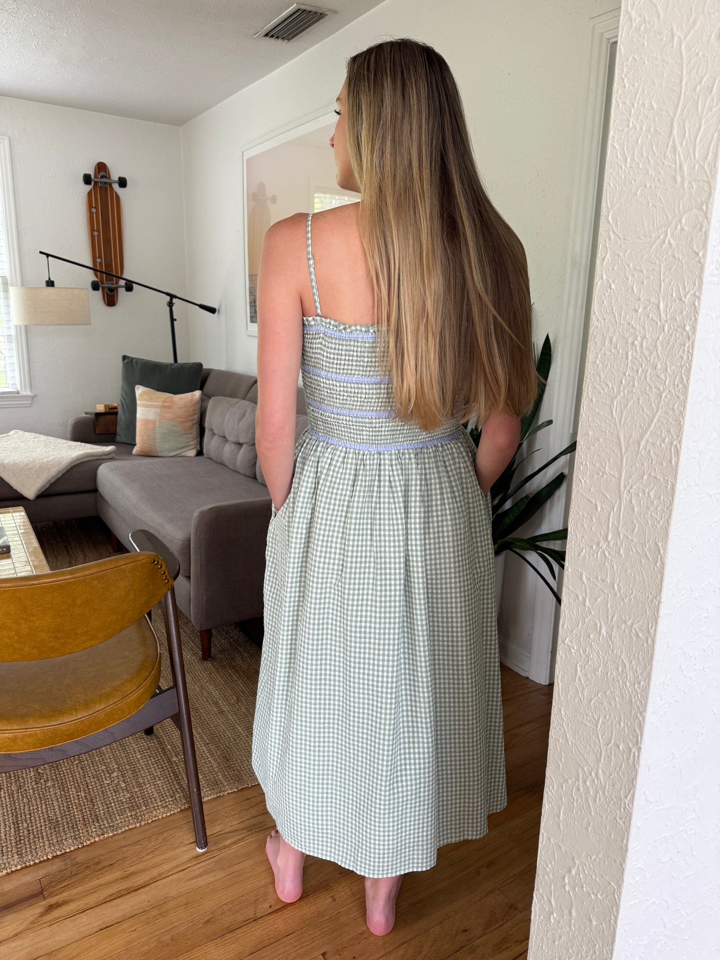 Aureum Emma Green Gingham Sleeveless Midi Dress