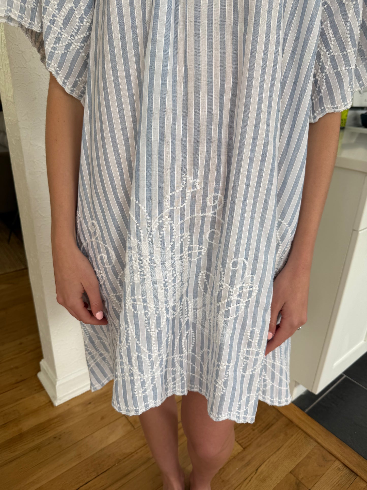 FRNCH Celma Blue Stripe Floral Embroidered Mini Dress